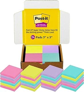 Post-It Super Sticky Notes, 3" x 3", 24Pads/Pack, 70 Sheets/Pad, Assorted Bright Colours, Aqua Splash, Acid Lime, Tropical Pink and Iris Infusion (654-24SSMXSIOC)