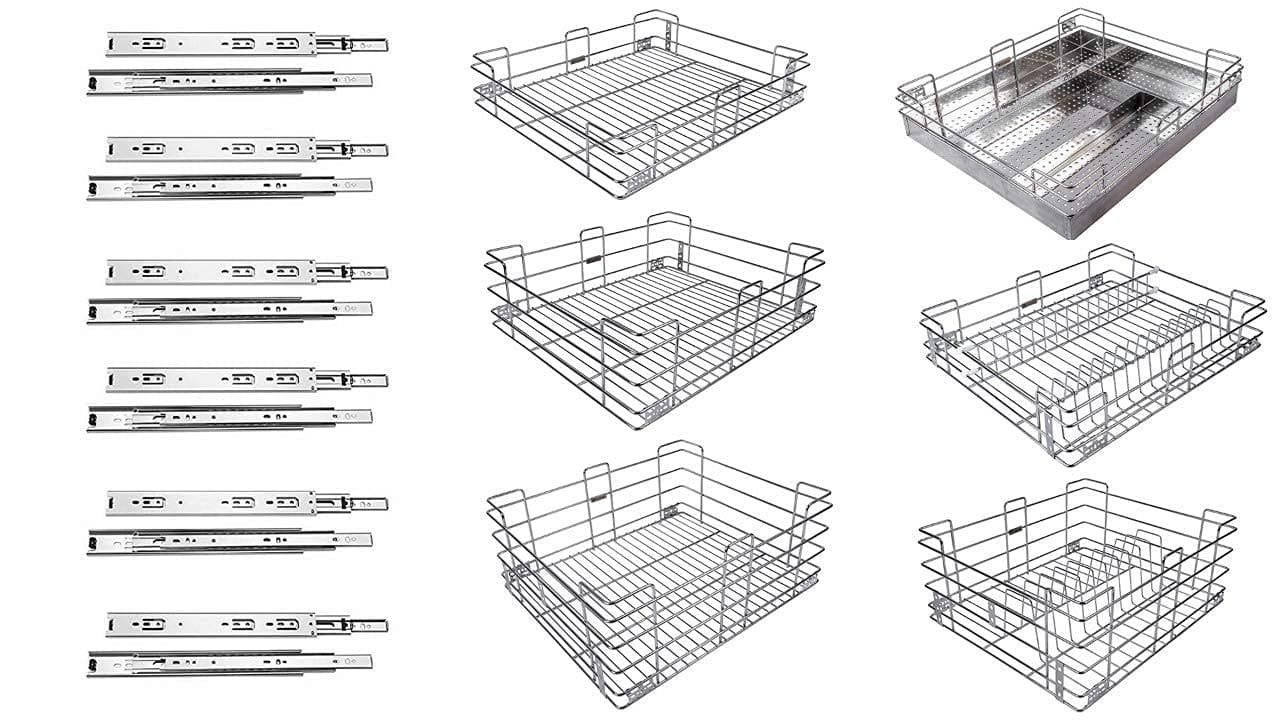 IZMAH Stainless Steel Moudular Rectangular Kitchen Basket, Wire Basket With Channel (6 Piece 19X20X4, 19X20X6, 19X20X8 + 6 Set Telescopic Channel 20 In)(6 Piece 19 Wx20D In & 6 Set 20)
