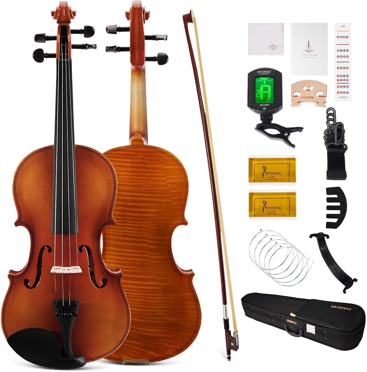 PHOENIX Violin 4/4 Full Size Kit, Violin Fiddle Set for Beginner Adults Student with Rosewood Bow, Extra Strings & Bridge, 2 Rosins, Tuner, Case, Mute, Fingerboard Stickers, Shoulder Rest (3/4)