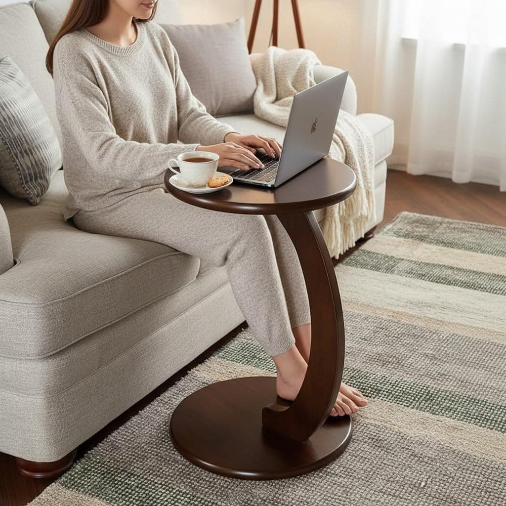 INTRAHAUS Modern C-Shaped Side Table for Sofa & Bed | Brown Laptop Snack Table | Space-Saving Couch Side End Table for Living Room Bedroom | Portable Coffee Table for Home Office (C Brown)