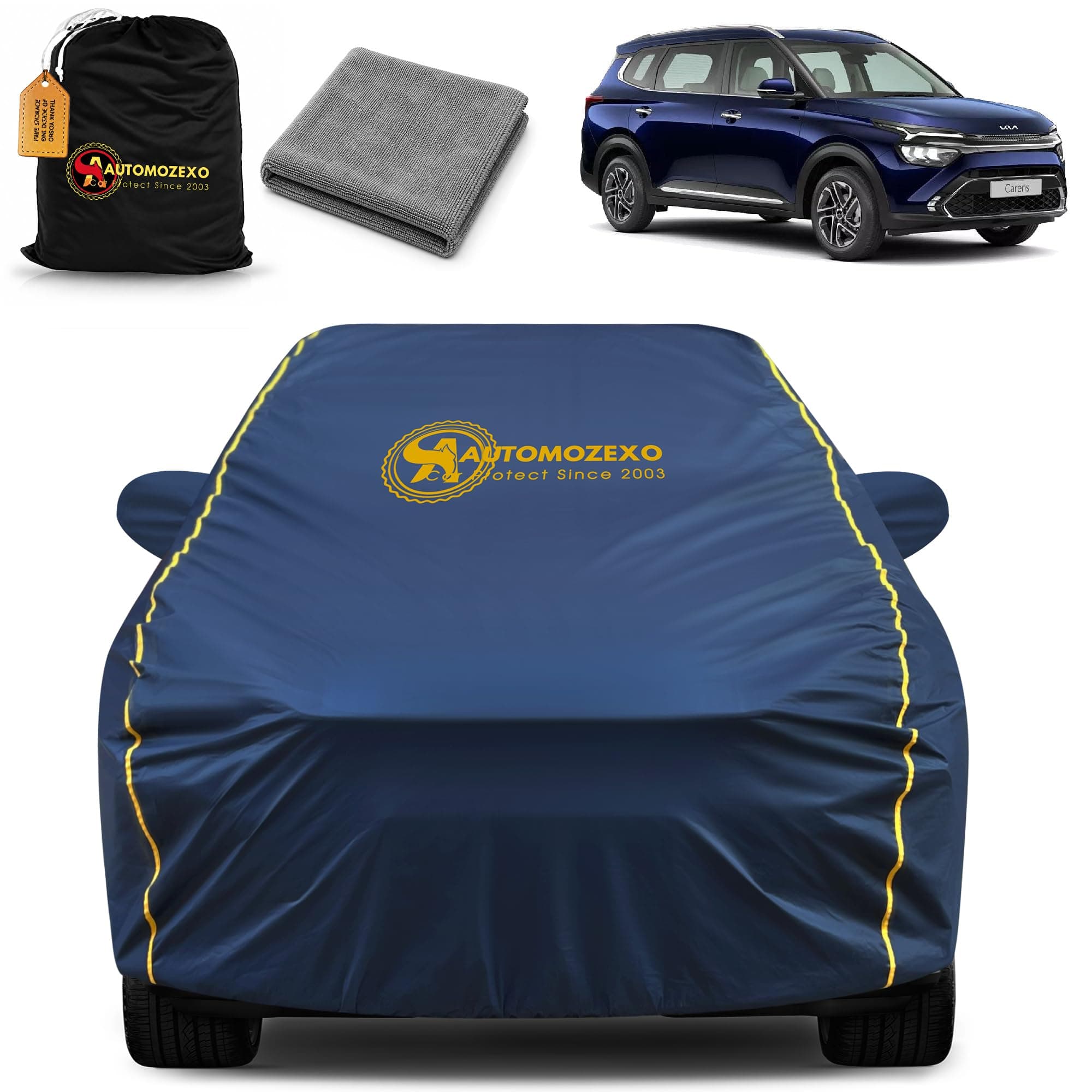 AUTOMOZEXO® Kia Carens 100% Waterproof Car Cover (Midnight Blue) 6LYR HDPE 200gsm Strong Fabric for All Weather Protection, Mirror Pocket, Cotton Layer Cover, Adjustable Elastic Straps
