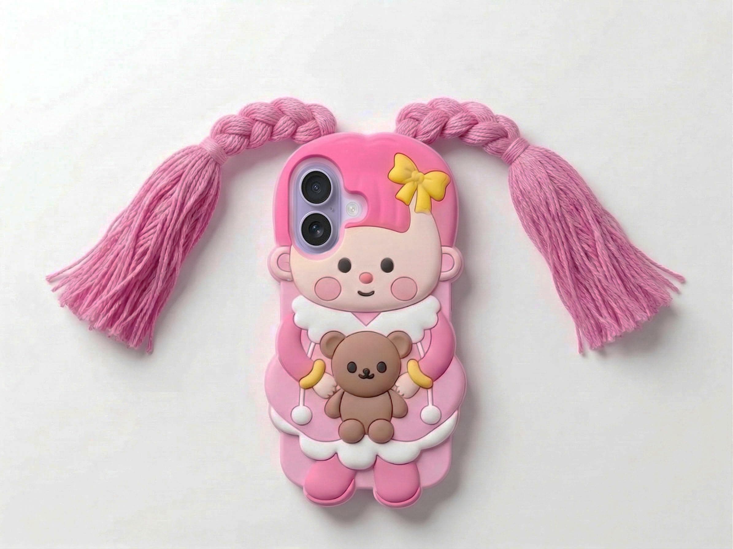 amazon basics Cute 3D Pink Doll Silicone Mobile Case for iPhone 16 - Aesthetic Cartoon Girl with Braided Tassels & Teddy Bear, Soft Shockproof Protective Back Cover for Girls & Kids