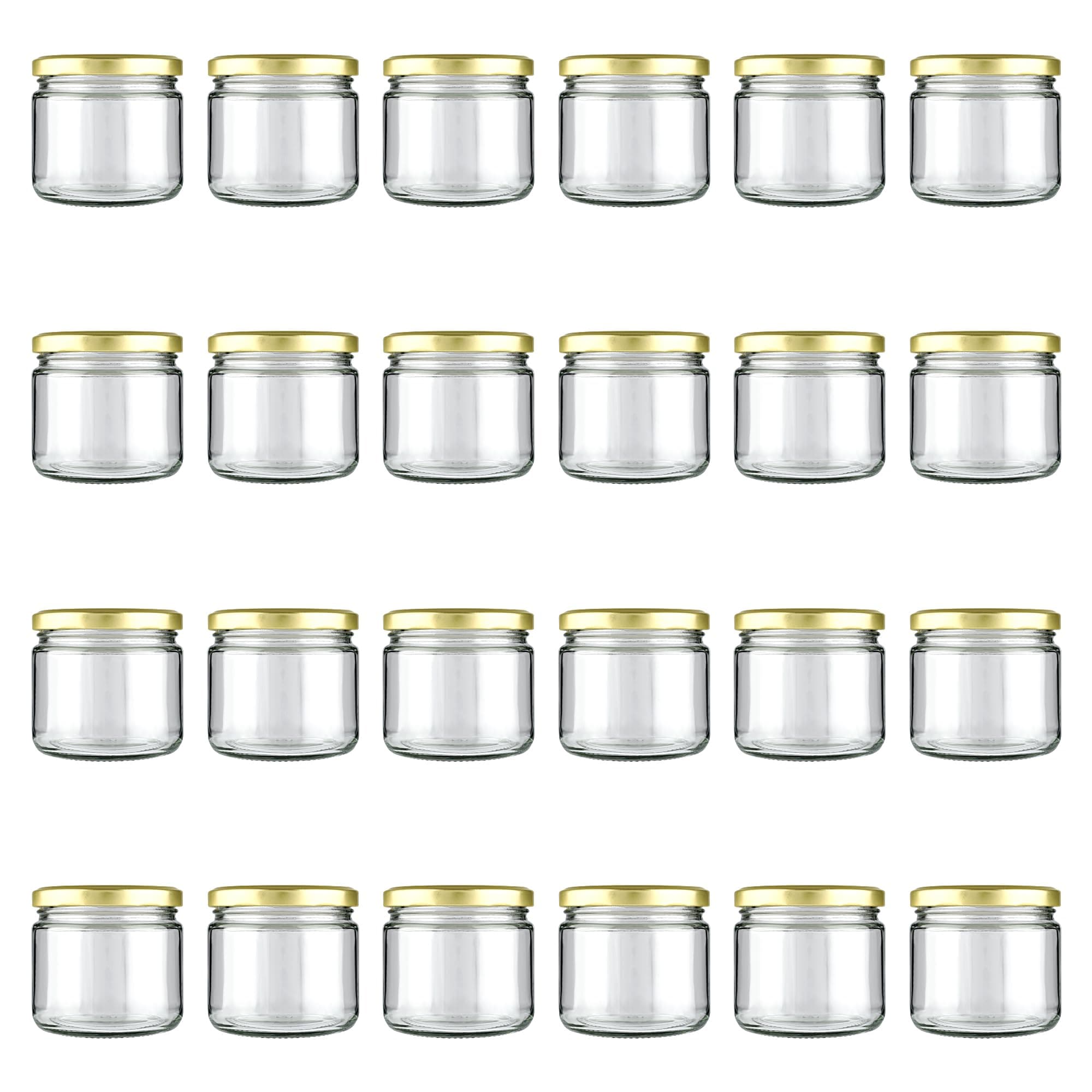 Shiva Organic 350Gm Salsa Glass Jar For Kitchen Storage | Food Grade Glass Container | Golden Metal Cap | Air Tight Lid | Clear Transparent Jar (Pack Of 24) - 350 Ml