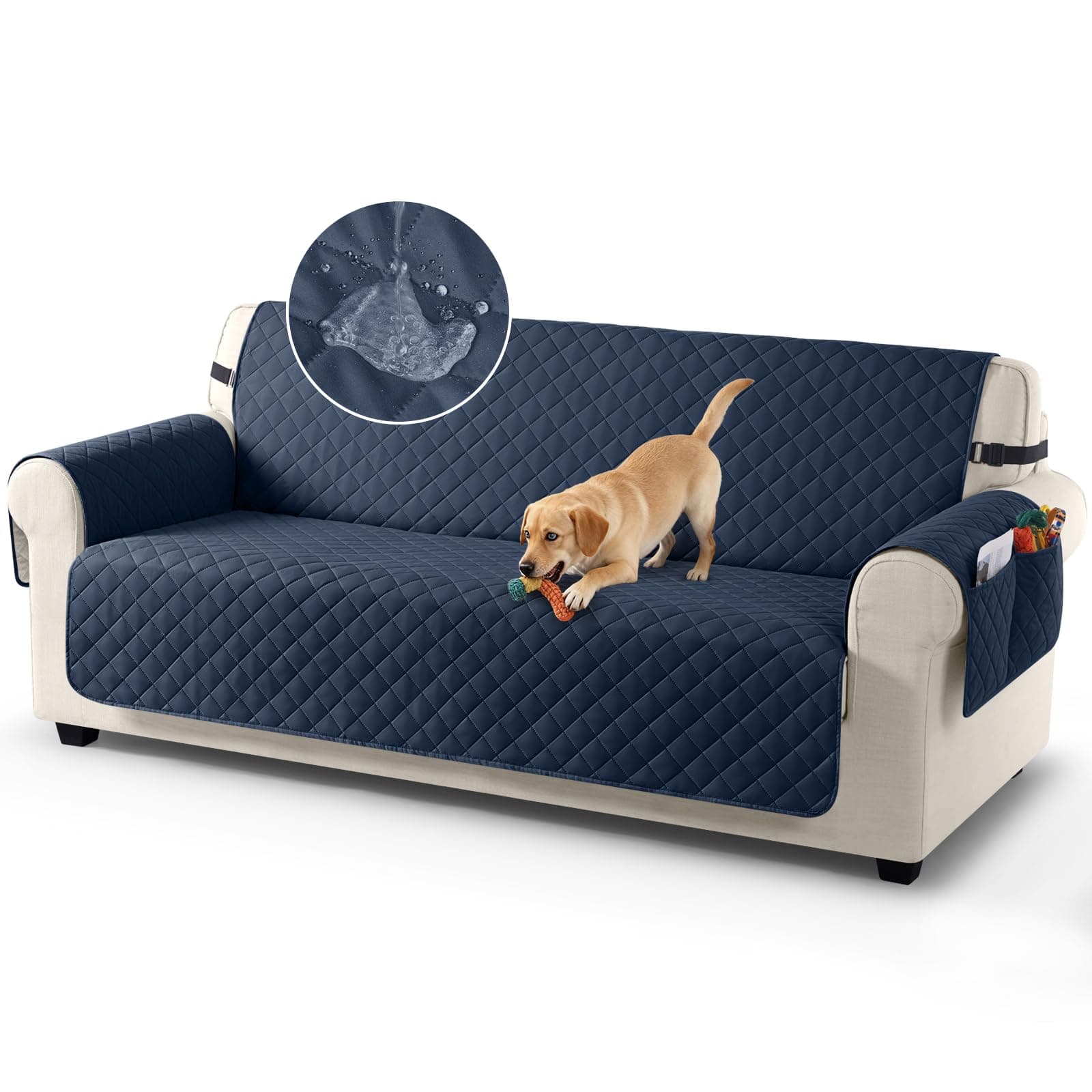 TAOCOCO Sofa Slipcovers 100% Waterproof Sofa Covers 3 Seater, Settee Covers with Storage Pockets, Anti Slip Couch Covers, Washable Sofa Protector for Kids/Dogs/Pets, Dark Blue