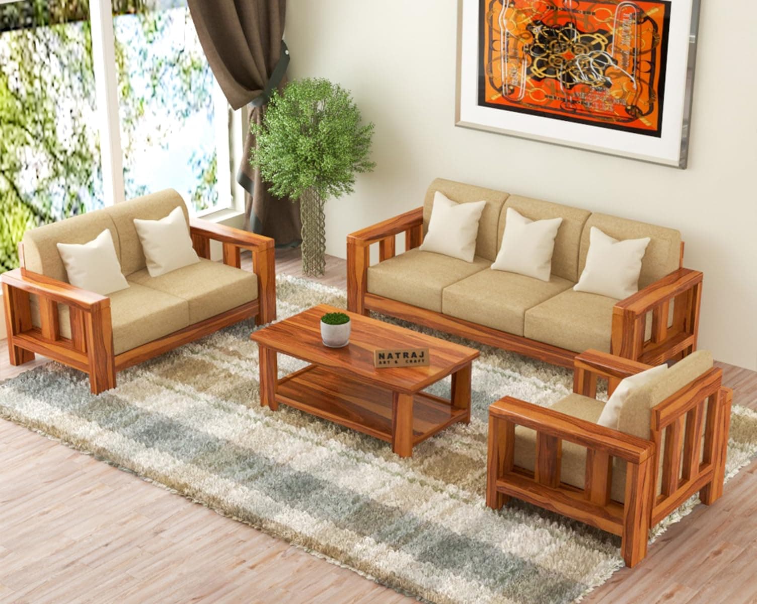 NATRAJ ART & CRAFT Sheesham Wood 8 Seater Sofa Set for Living Room Wooden Sofa Set for Living Room Furniture (3+3+2, Natural Teak Finish)