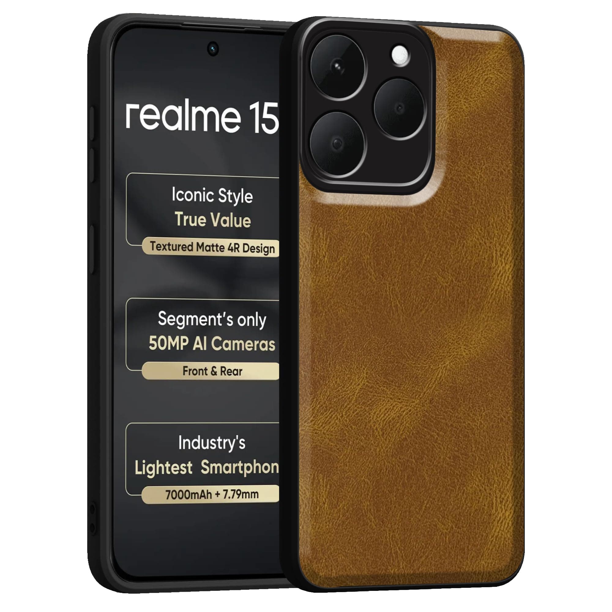 amazon basics Back Cover for Realme 15T 5G | Ultra Slim Soft Rubberised Case | Oil Feel Soft Leather Back | Camera Protection - Tan Brown