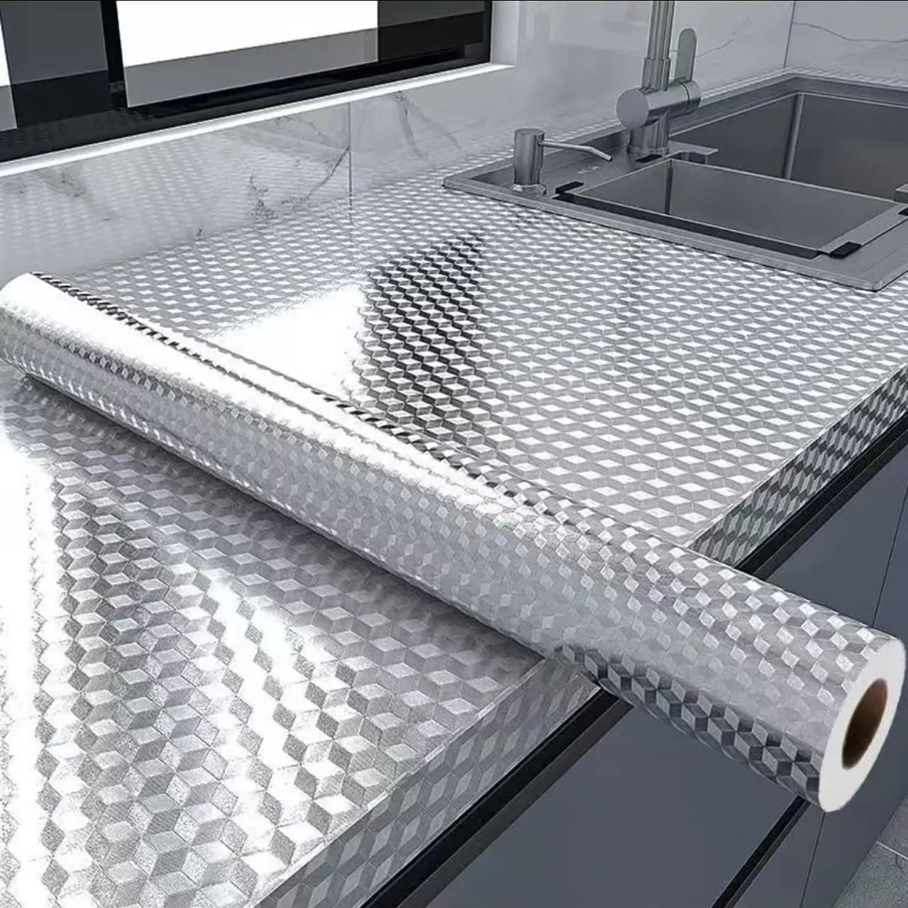 SIA VENDORS Kitchen Waterproof Oil Proof Aluminum Foil Sticker, Silver Chequer Peel and Stick Wallpaper Removable and Self Adhesive Paper for Kitchen Countertops Cabinet (3D Silver, 12 x 48 Inch)