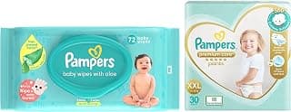 Pampers Premium Care Pants, Double Extra Large size baby diapers (XXL), 30 Count, Softest ever Pampers pants & Baby Aloe Wipes with Lid, 72 Wipes