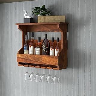 Solid Wood Wooden Wall Hanging Design Bar | Bar Cabinets for Home | Mini Bar for Home | Solid Wood Make Wine Storage Cabinet with Glass Hanging Space