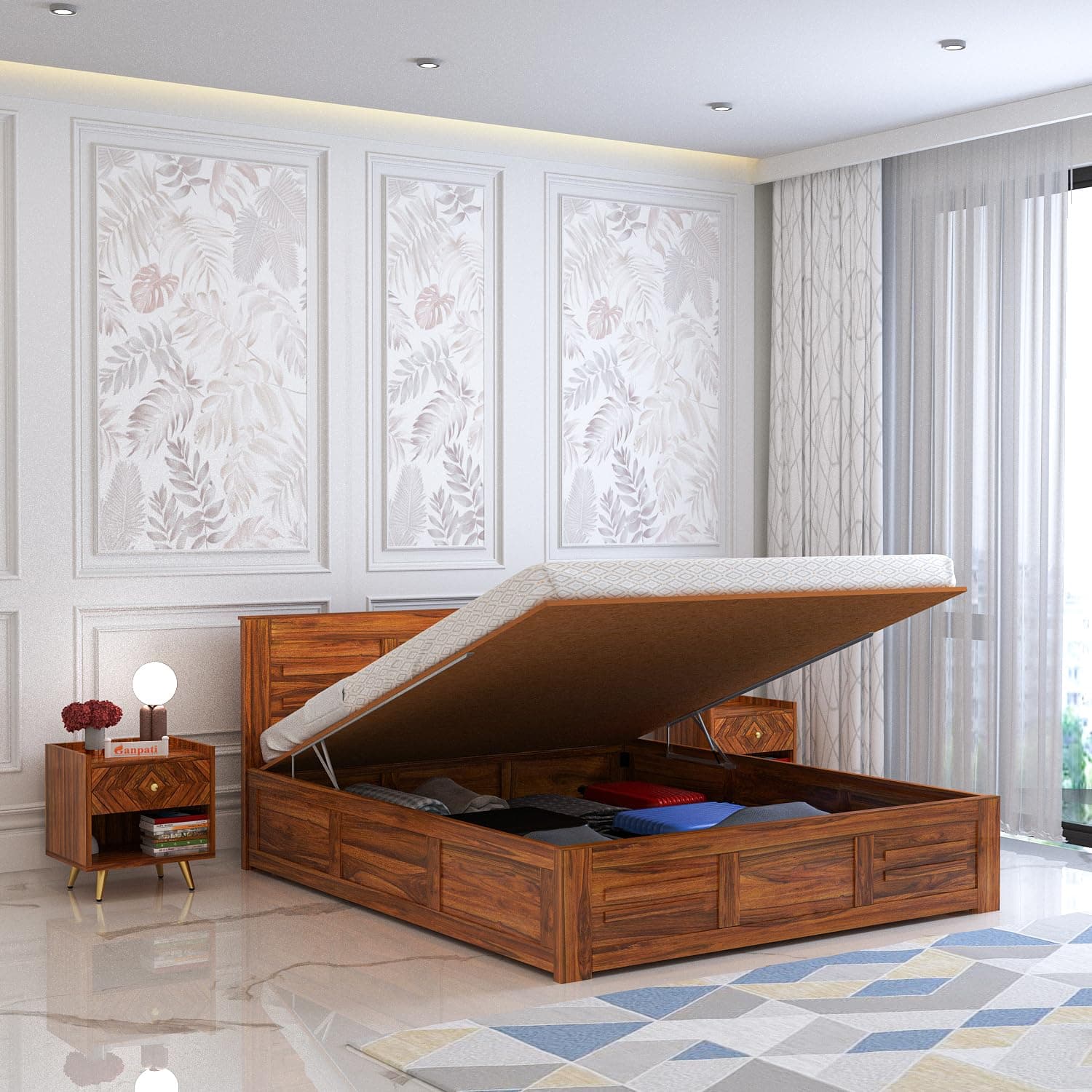 Ganpati Arts Sheesham Wood Swiss King Size Bed with Hydraulic Storage | Wooden Double Bed Cot Palang Furniture for Bedroom Living Room Home Hotel (Natural Finish)