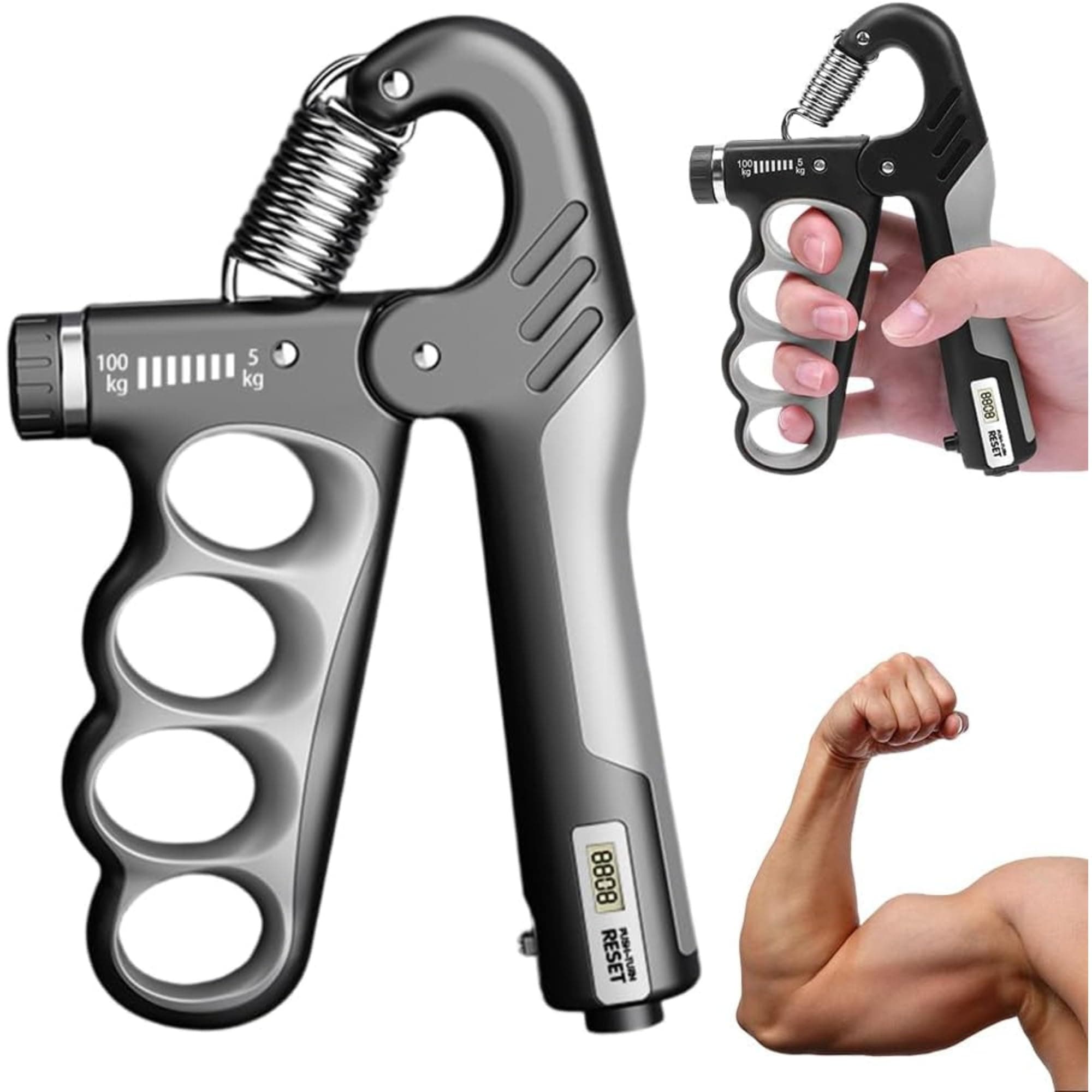 ComfortFriends Adjustable Hand Gripper (5kg–100kg) | Metal Hand Gripper Combo with Counter for Hand Strength Training (Grey & Black)