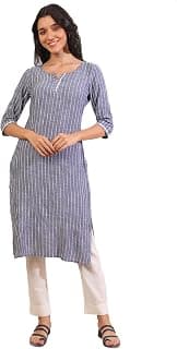Aurelia Women's Grey Yarn Dyed Cotton Blend Straight Kurta