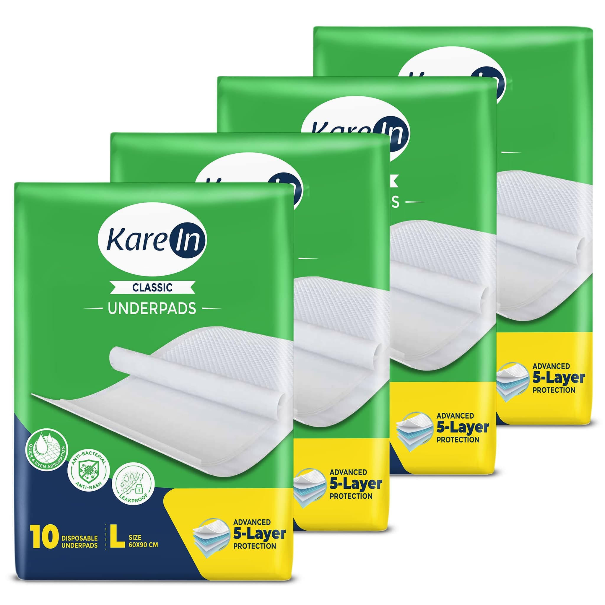 KareIn Classic Underpads For Adults, Large 60 x 90 cm, 40 Unit, Highly Absorbent, Anti-Bacterial, Rash Protection, Leak Proof, Protects Surfaces from Incontinence, Odor Control, Super Soft