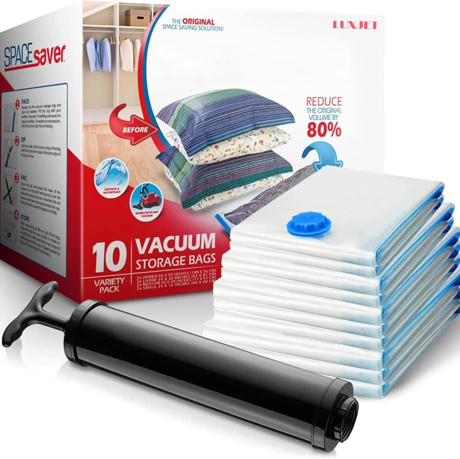 LUXJET 10-Pack Variety Vacuum Storage Bags for Comforters, Blankets & Clothes – Vacuum Sealed Compression Bags with Hand Pump – Space Saver Storage Bags for Bedding,Travel (2S, 2M, 3L & 3XL)