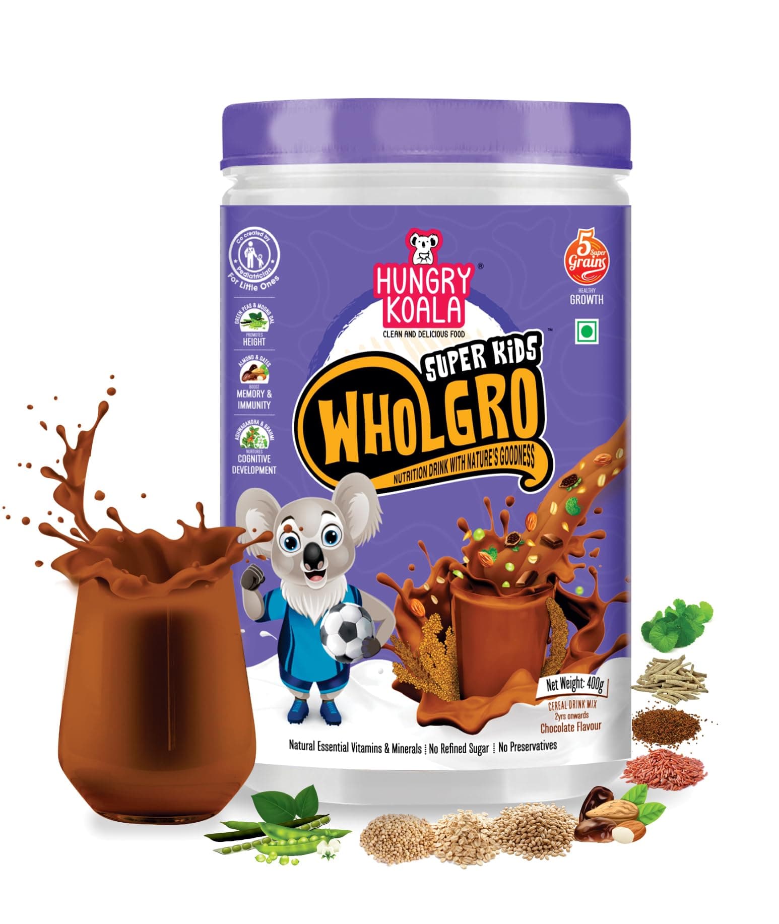 Hungry Koala Wholgro SuperKids Chocolate Nutrition Drink Mix | 2 Years+ | Naturally Sweetened with Dates & Jaggery | Made with Ragi, Jowar, Peas & Almonds | Supports Growth, Immunity & Brain Development | Chocolate Flavour Health Drink Powder