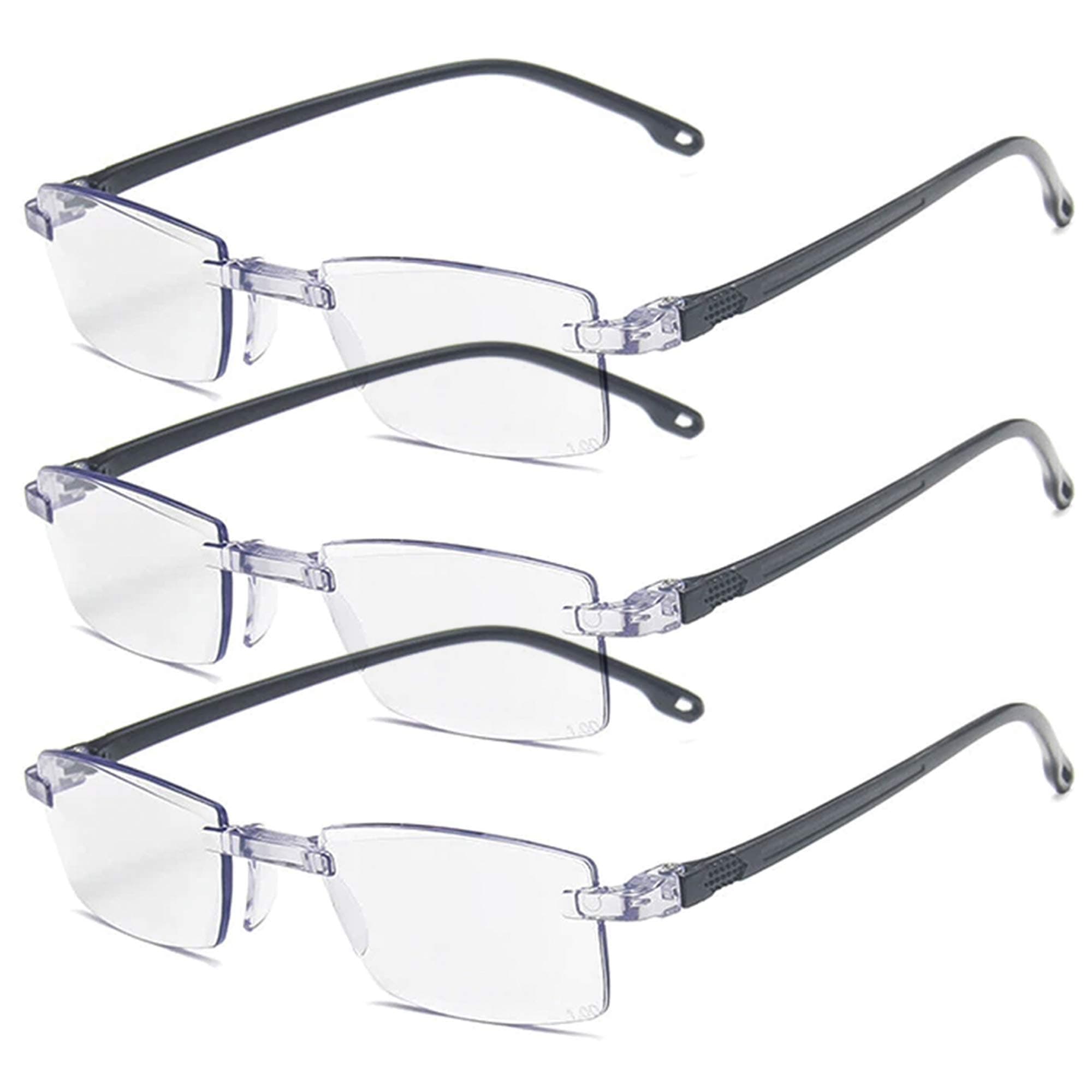 AUGEN Blue Block UV Cut Rimless Reading Glasses Black Clear Unisex Free Size Power (+1.00, Pack Of 3)