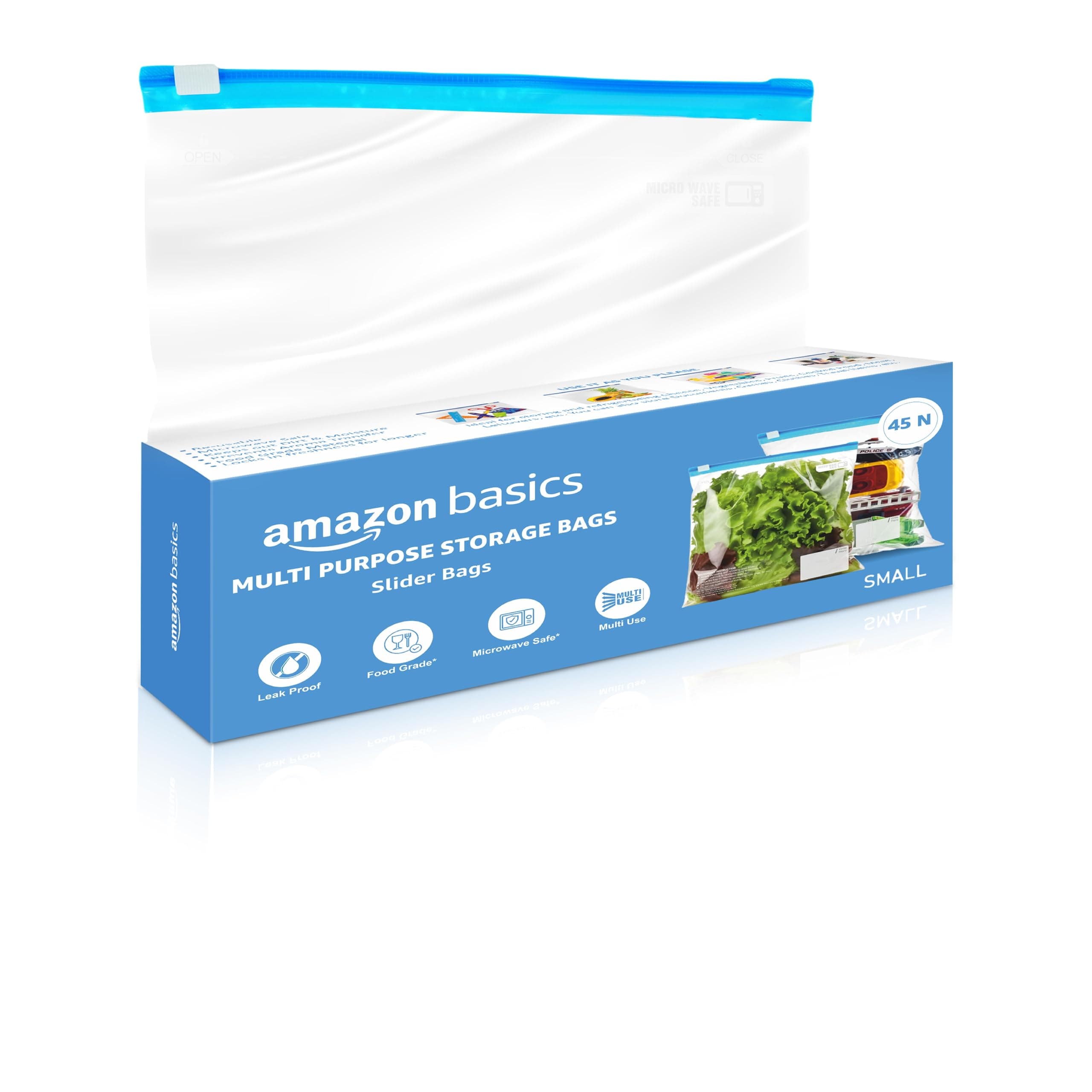 Amazon Basics - Multipurpose Slider Storage Bags | 45 Bags | Small | 21.3 x 18 cm | Reusable and Reclosable | Material Plastic | Leak- Proof | Food Grade | Microwave Safe