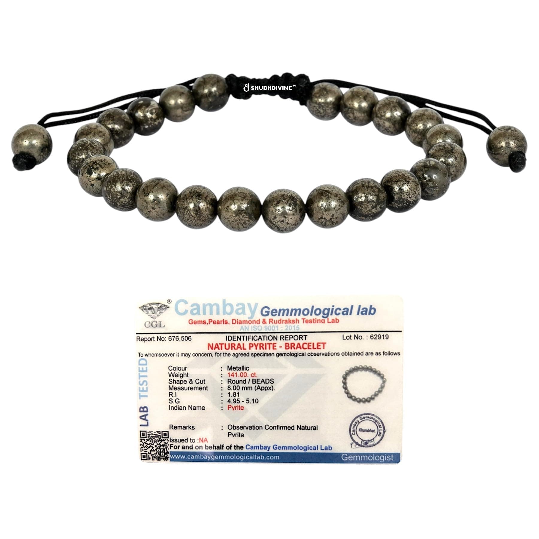 SHUBHDIVINE Original Adjustable Pyrite Bracelet for Men & Women | Certified AAA+ Crystal for Wealth, Confidence & Success | 8mm Natural Beads | Lab-Tested Unisex Spiritual Energy Stone Jewelry