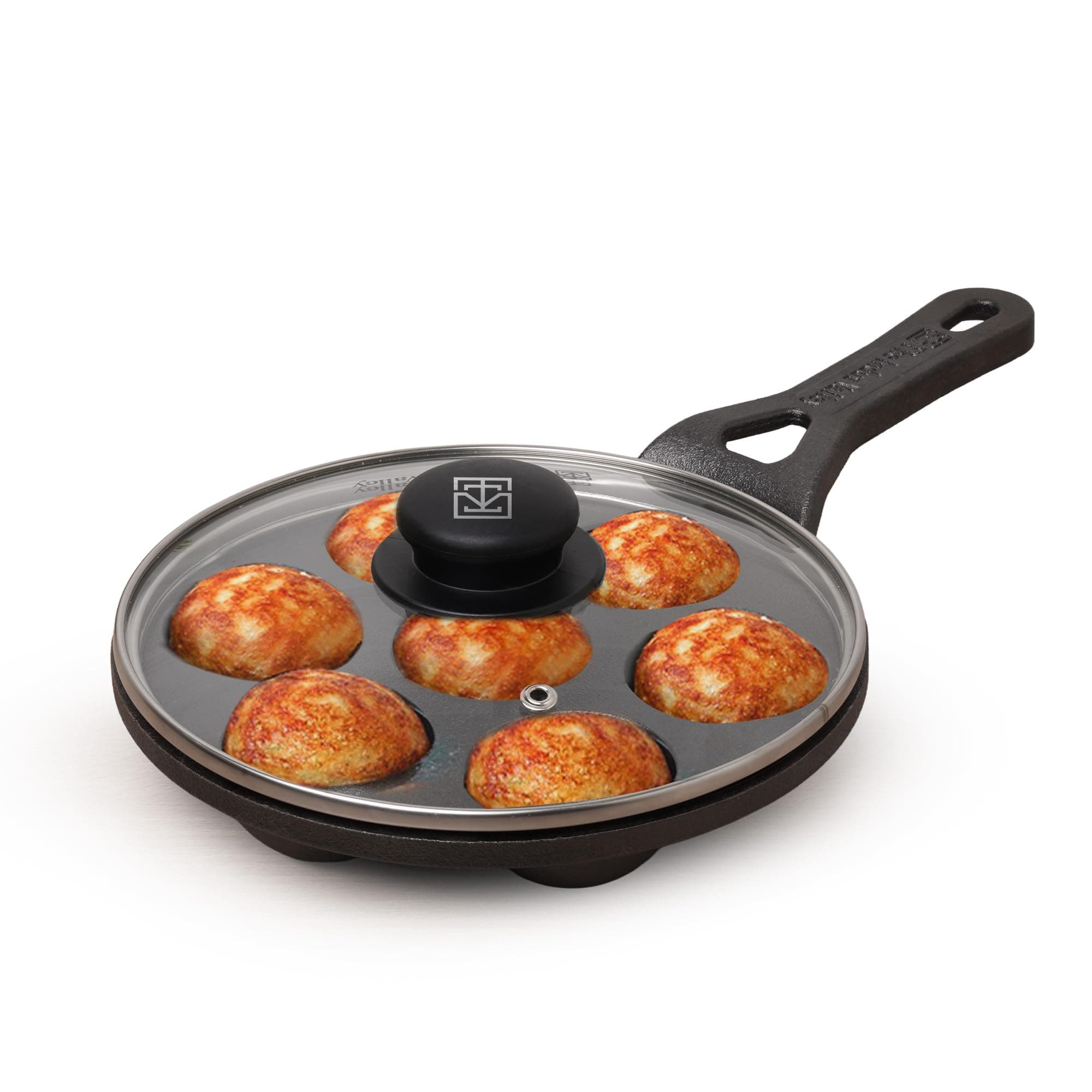 The Indus Valley Super Smooth Cast Iron Paniyaram Pan with Long Handle & Glass Lid | 7 Pit, 21cm/8.3inch, 1.9kg | Gas Compatible | Pre-Seasoned, 100% Toxin-Free, Naturally Nonstick