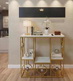 ARTROCK Modern Entryway Console Table, Narrow Sofa Table, Wooden Top Accent Table, Luxury Hallway Table, Metal Frame Console Table for Living Room, Foyer, Entryway and Home Decor (White Gold)