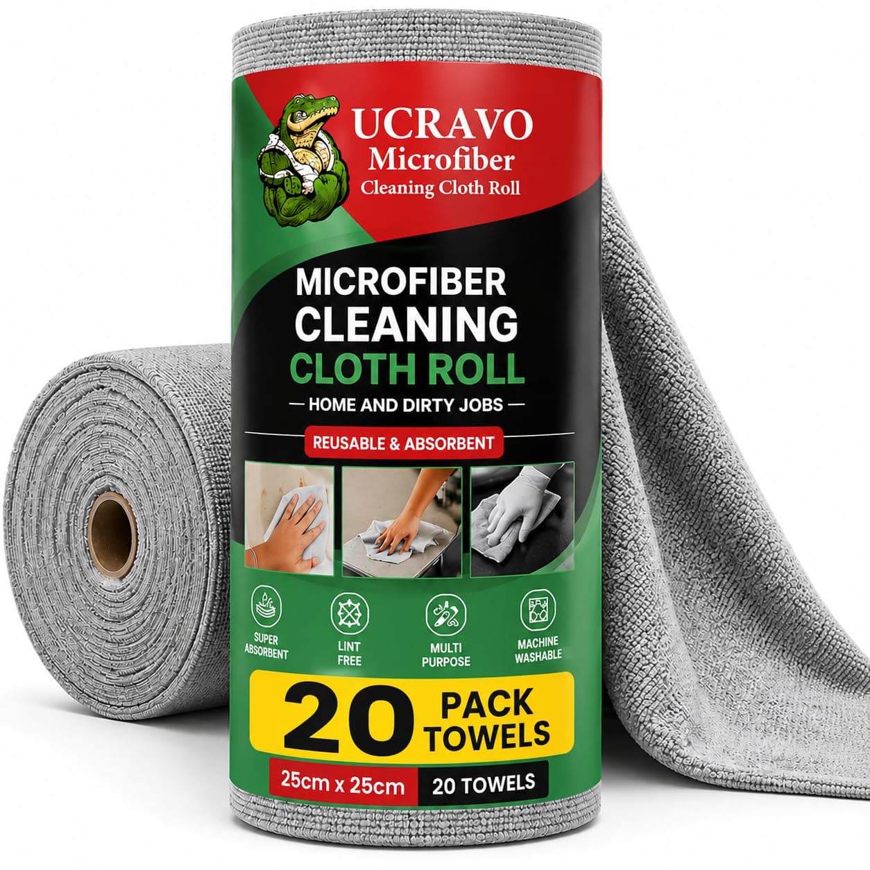 UCRAVO Reusable Kitchen Towel Roll microfiber cleaning cloth - 2000 Times Washable | Soft & Highly Absorbent| Alternative to Dishcloth Kitchen Tissue Paper Roll | 20 Sheets for Home Glass Cleaning