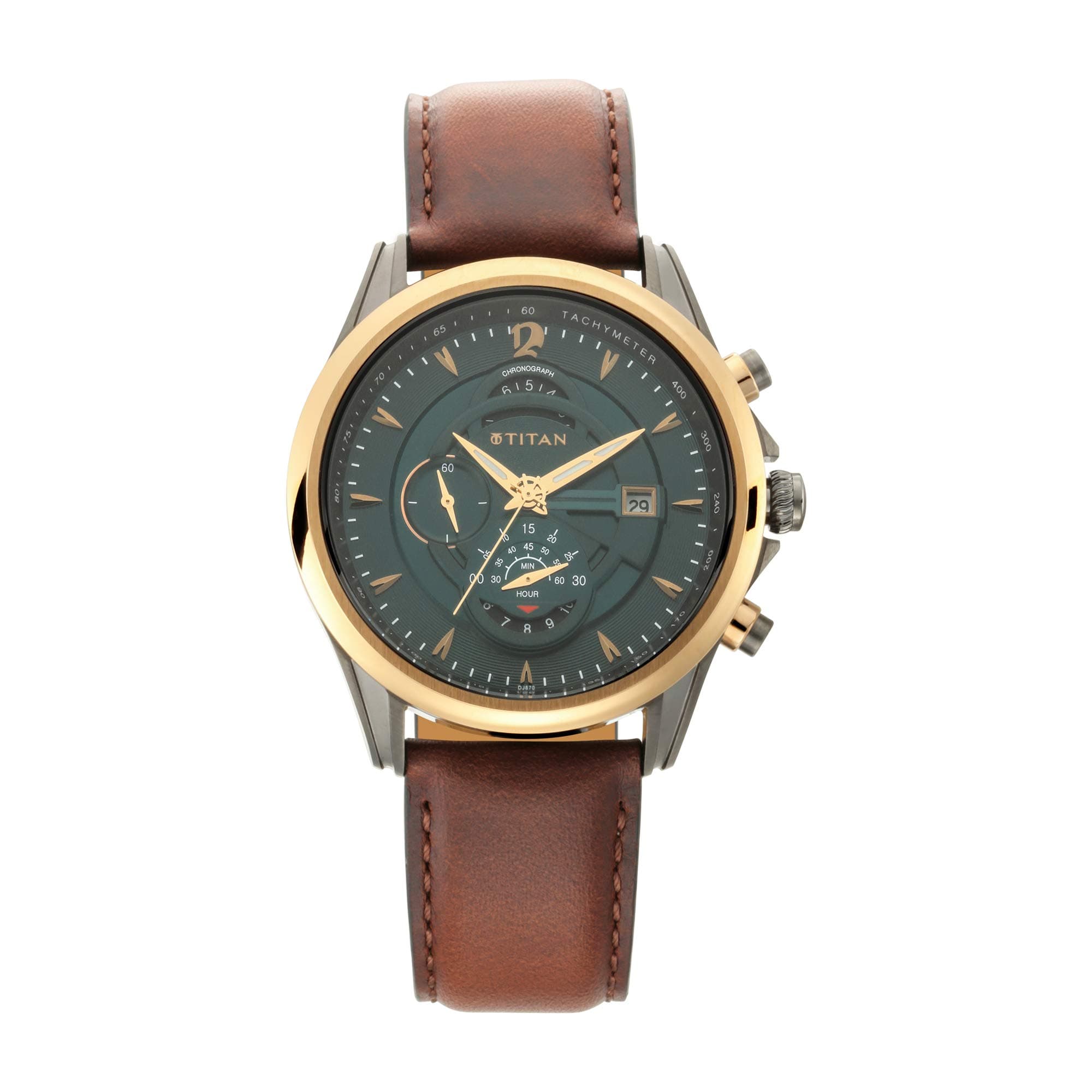 Titan Maritime Pro Quartz Chronograph Lateen Sail Green Dial Brown Leather Strap Watch for Men - NT1830KL02