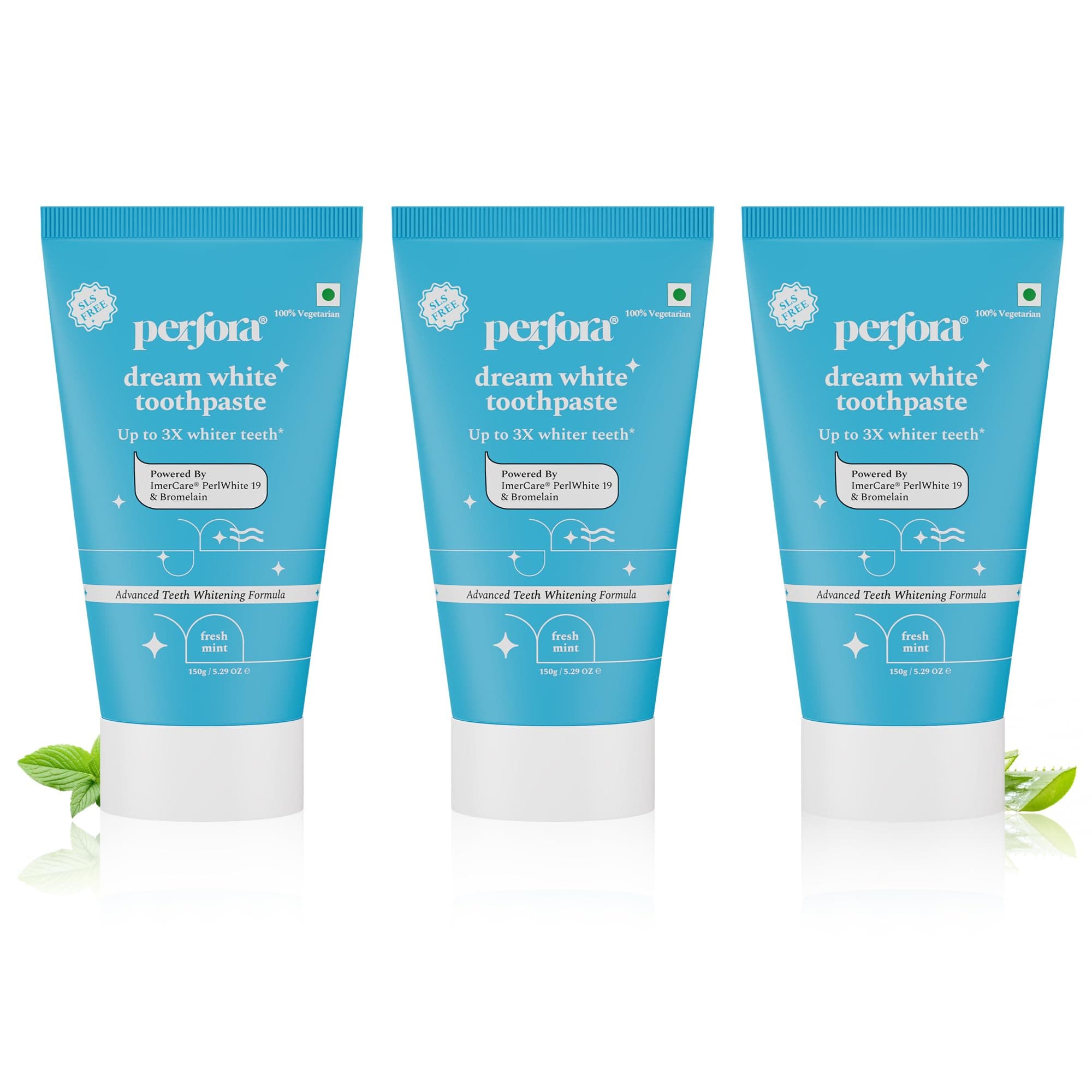 Perfora Teeth Whitening Toothpaste For Stain Removal - 450g | Fluoride & SLS Free Tooth Paste For Adult & Kids | N-Ha For Teeth Remineralisation & Oral Care | No Artificial Sweetners | 150g X 3
