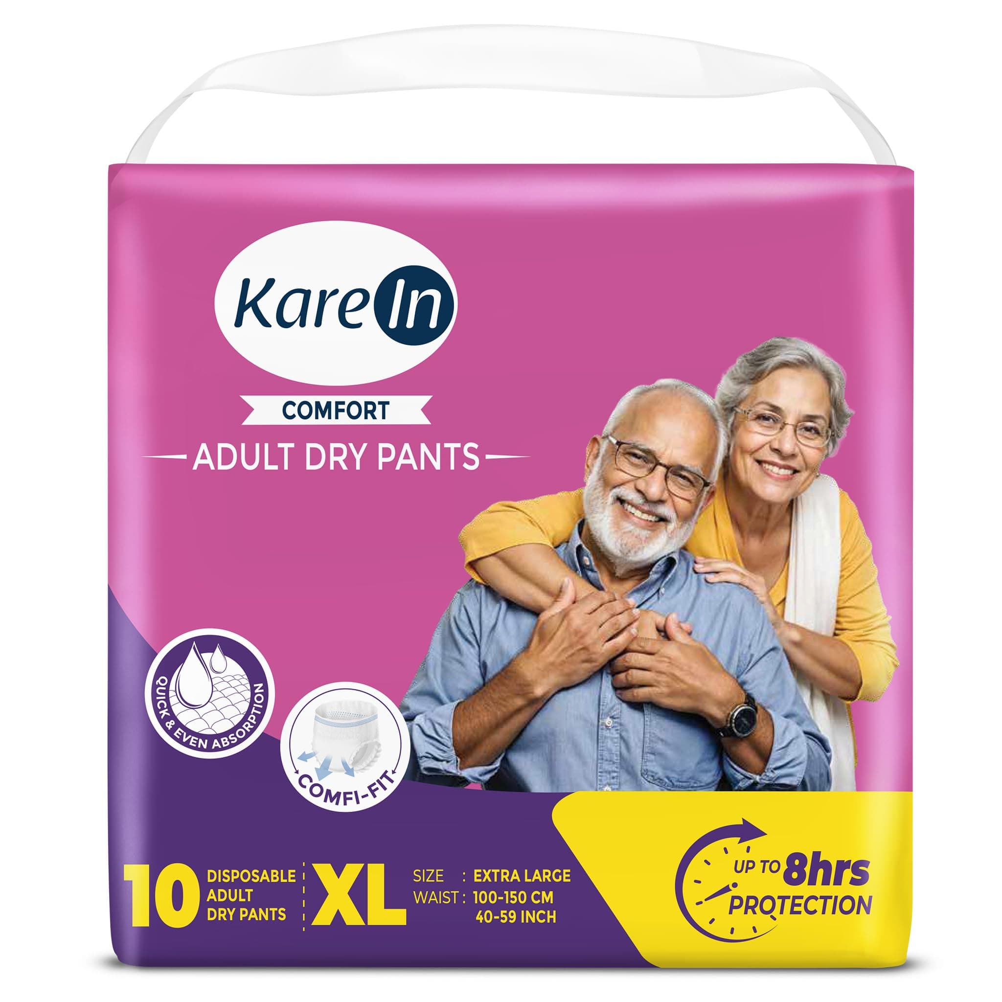 Karein Comfort Adult Diaper Pant XL Size, Extra Large, Waist (100-150 cm 40"-59"), 10 Unit, Long Protection Hour, Unisex, Quick & Even Absorption, Leakproof, Odour Control, Wetness Indicator