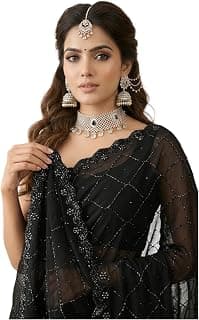 Royal Zari Women's Zed Black Premium Georgette Saree with Handwork Cutbeads