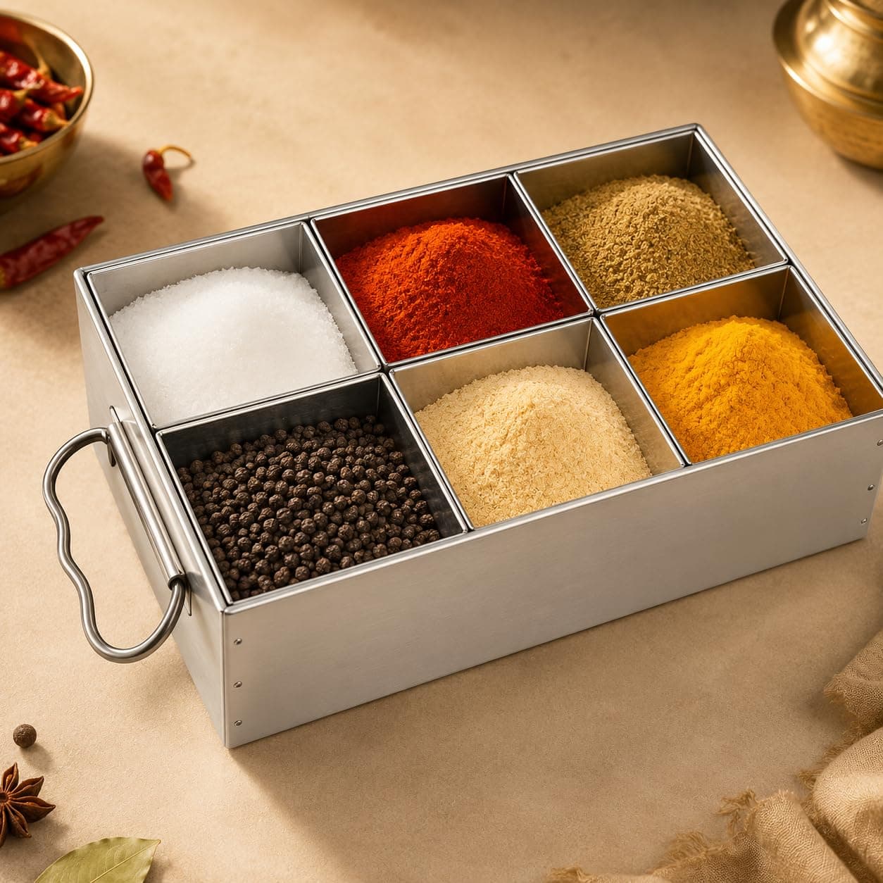 GURUBHAI EQUIPMENTS Stainless Steel Masala Peti | Compartments Spice Box | Masala Container | Spice Box for Kitchen, Restaurant & Hotel use (MASALA-PETI-6)