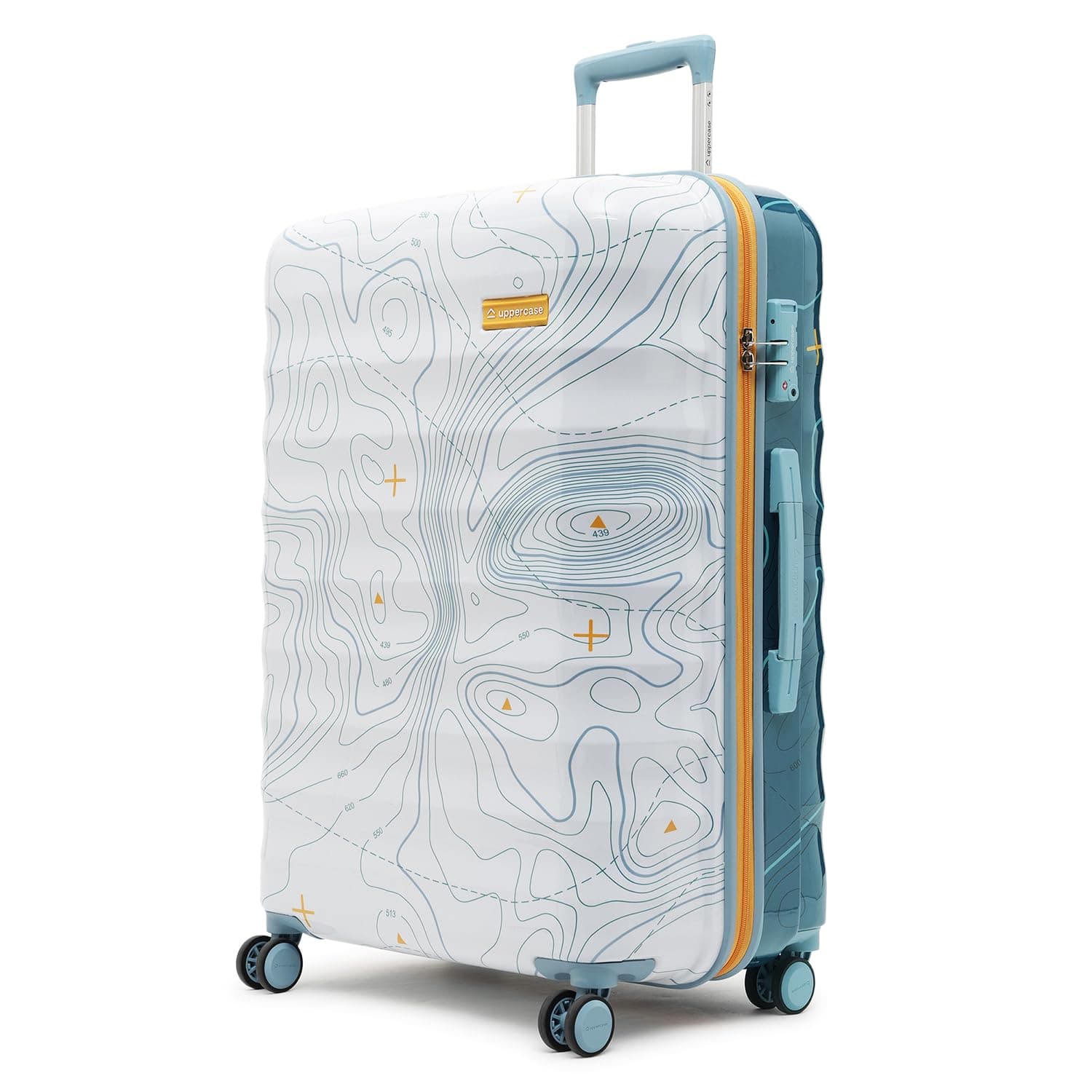 uppercase Topo (Large) 74 cms Hardsided Check-in Trolley Bag 8 Wheel Spinner Sustainable Luggage with TSA Lock & Anti-Theft Zippers Men & Women 2000 Days Warranty Dual Tone (White & Blue)