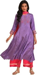 W for Woman W Women Purple Festive Floral Print Viscose Straight Kurta set with Slim Pant & Dupatta