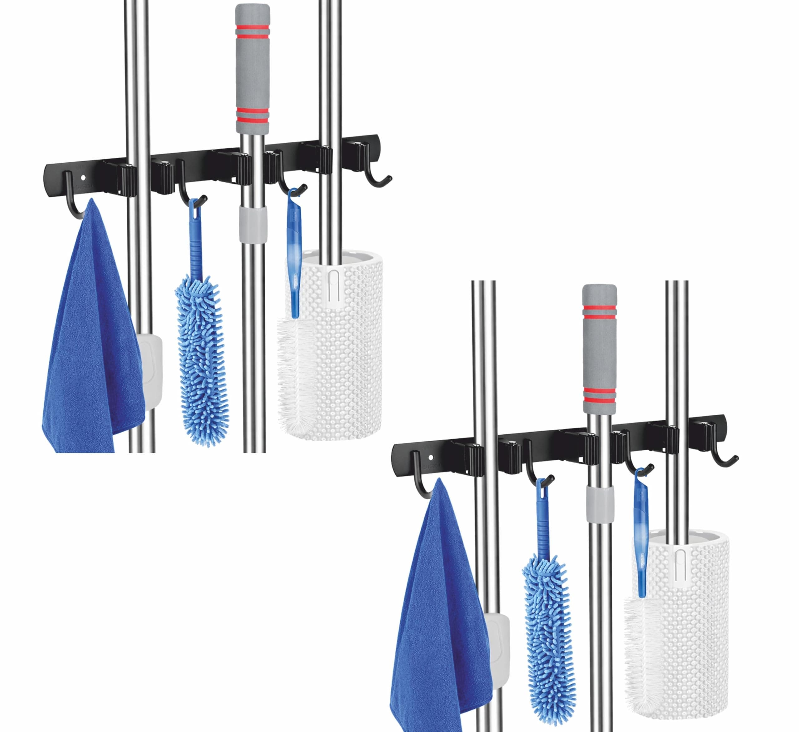 JIALTO 2 Pcs Adhesive Broom Holder and Mop Organizer | Mop Holder For Wall Without Drilling with 3 Slots and 4 Hooks for Kitchen, Garage, Garden, and Utility | Space Saving Cleaning Tool (Black)