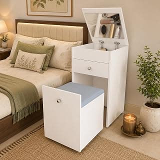 Studio Kook Engineered Wood Beleza Dressing Table, Dresser Unit With Mirror, Seating And Storage, Matte Finish (Moonshine White)