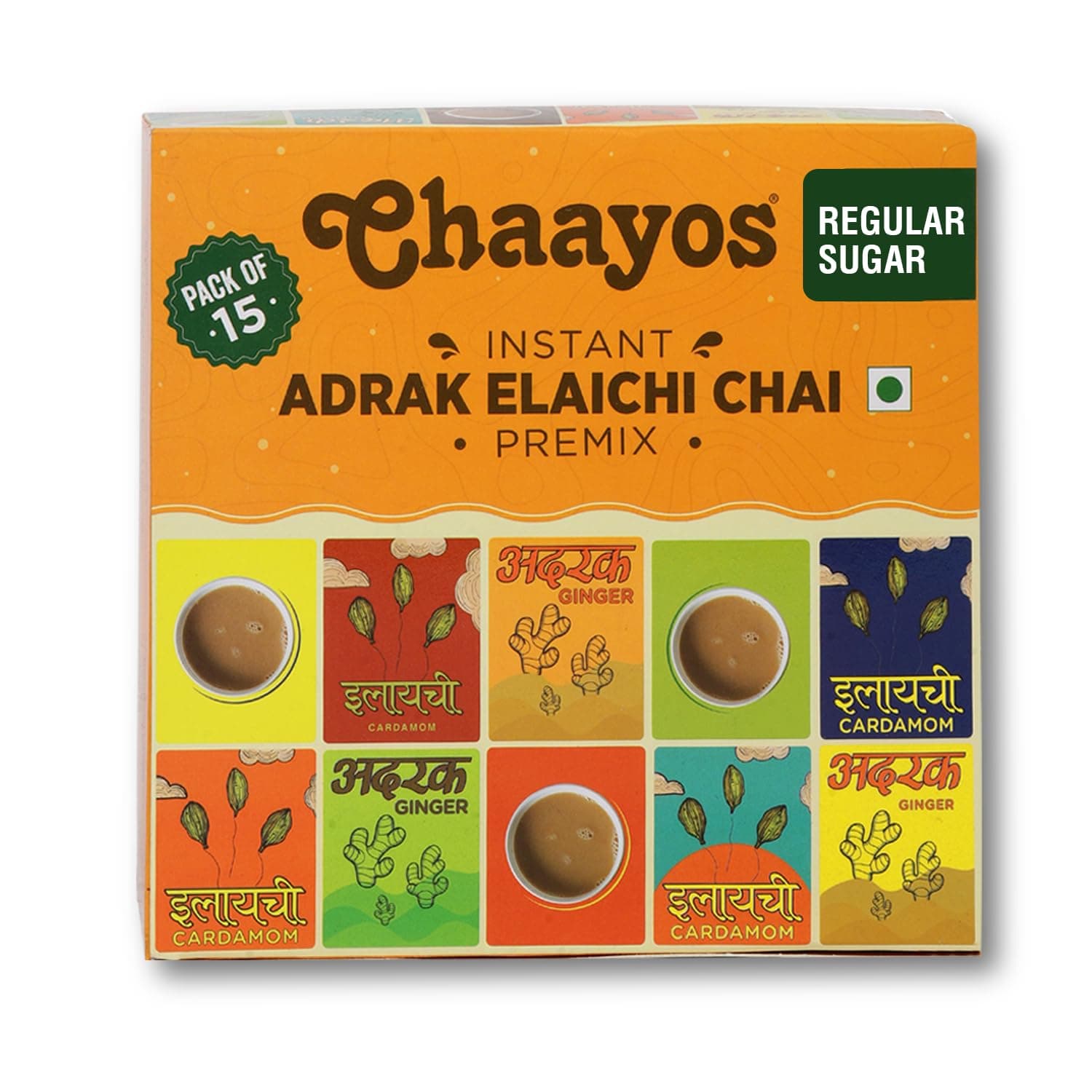 Chaayos Instant Tea Premix - Adrak Elaichi Flavour - Regular Sugar (22g * 15 Sachet) (Makes 150ml), Ginger Powder, Elaichi Powder, Premix Tea, Assam Tea, Desi Chai