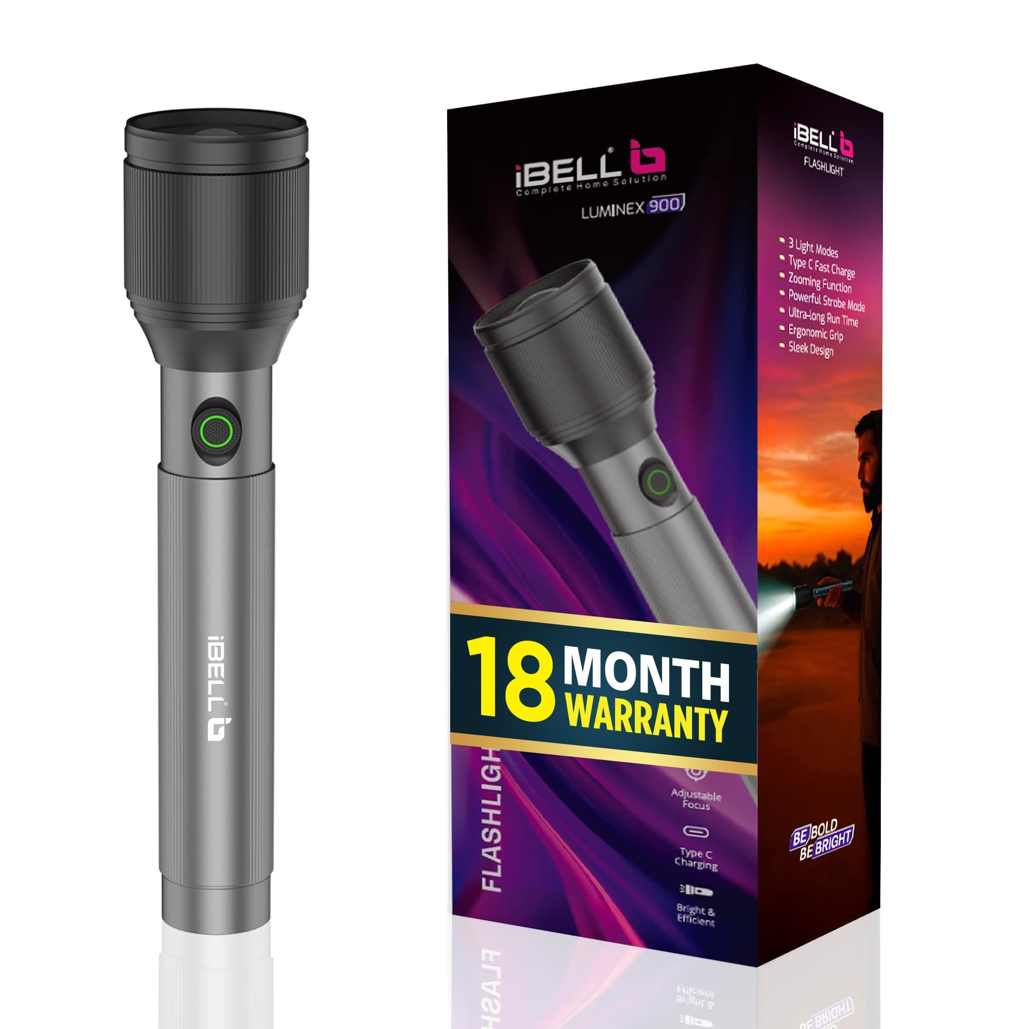 IBELL LUMINEX 900 Rechargeable Torch Light High Power,3 Light Modes, 20W, 4000 mah Battery,Telescopic Zoom,Type C Charging, LED Flashlight, Long Distance Range, for Home,Outdoor & Emergency Use (Grey)