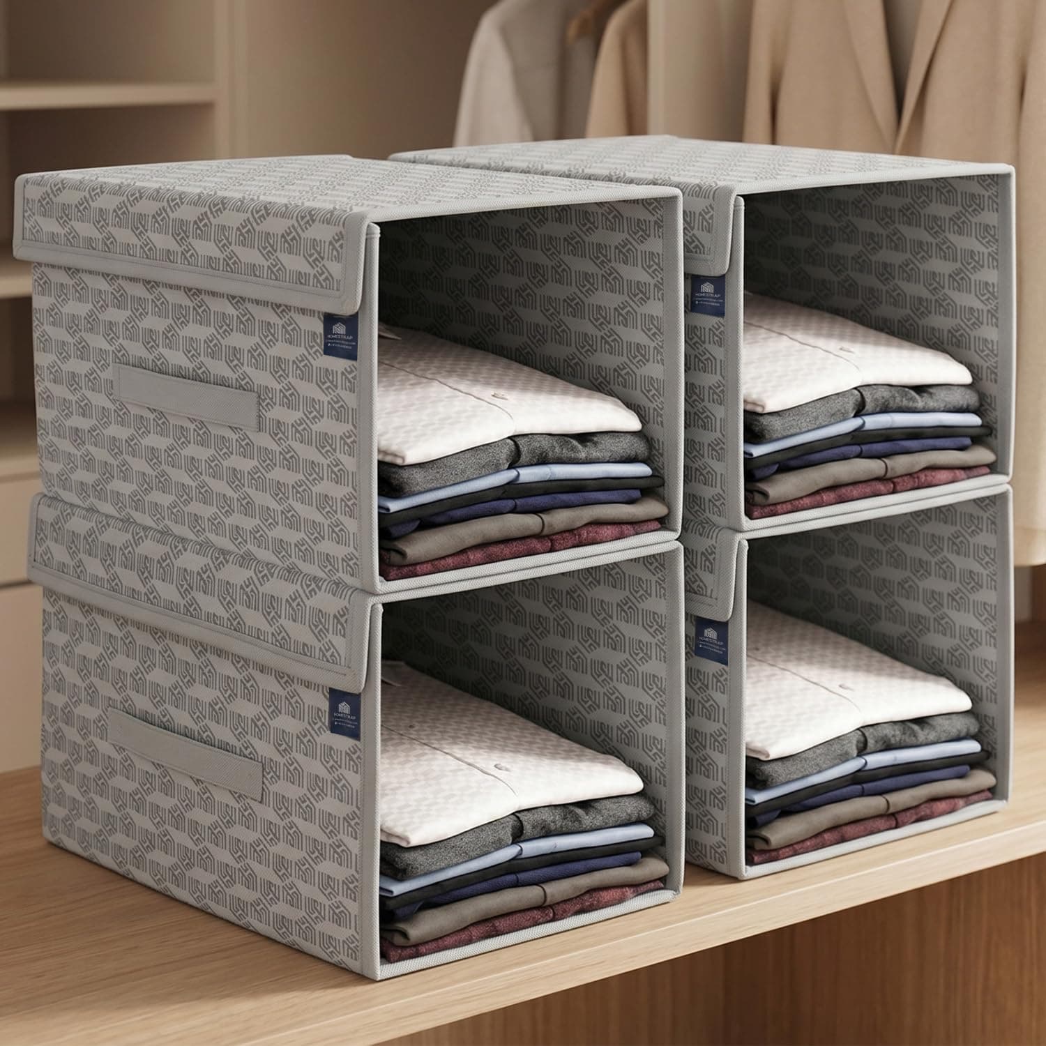 HomeStrap Non-Woven Clothes Stacker Set of 4 | Foldable Shirt Storage for Wardrobe & Closet | Stackable Shelf Organizer for T-Shirts, Shirts, Jeans, Tops & Clothing with Handle | Grey