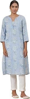 W for Woman Folksong Blue Printed Cotton Straight Kurta