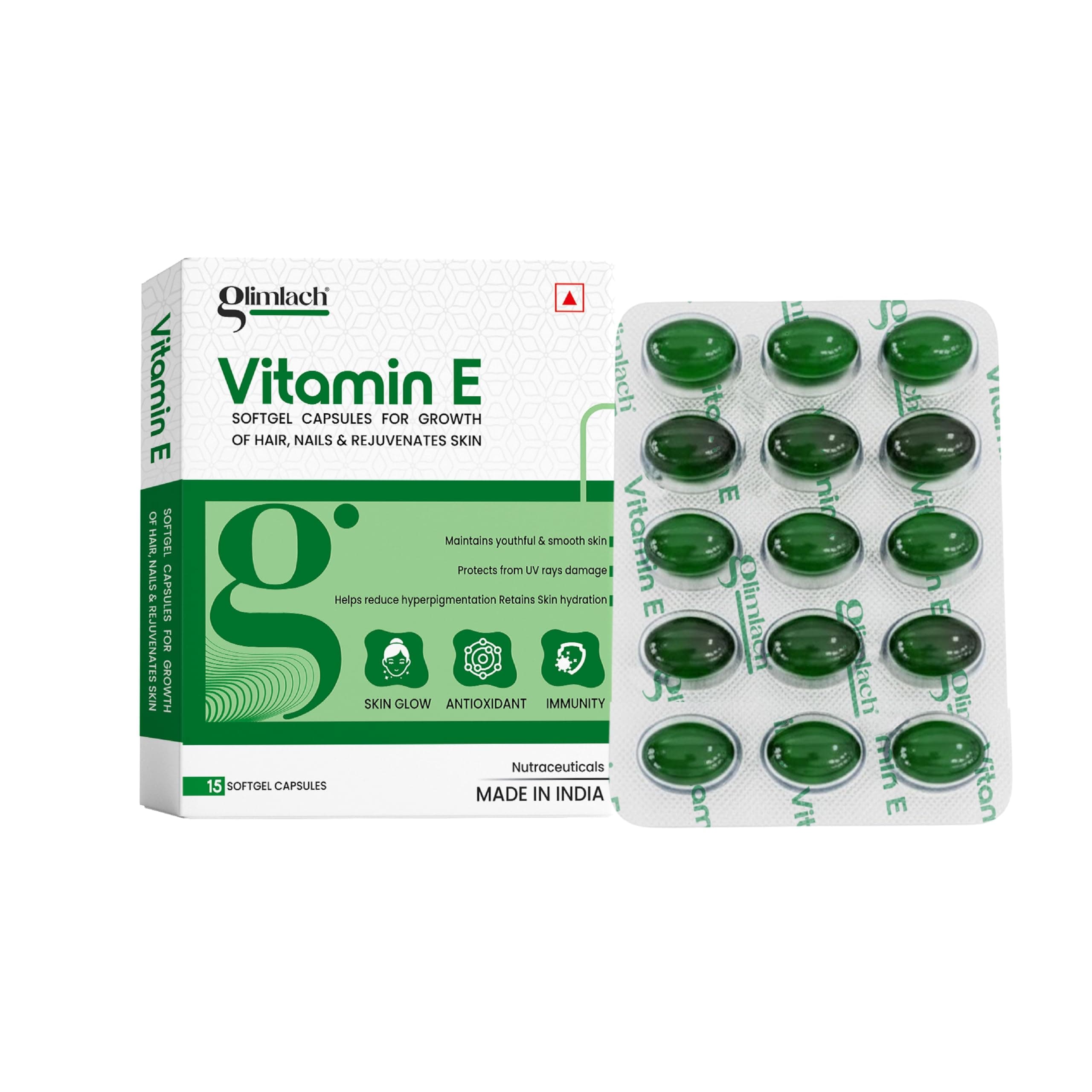 GLIMLACH Vitamin E Capsule for Glowing Face, Skin and Hair Nutrition, Vitamin E Capsule Pack with Nutrient-Rich Formulation for Face Care, Skin Care and Hair Care (15 Capsules Each) (Pack of 6)
