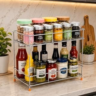 CHHAAP Kitchen Storage Spice Rack and Container Organizer Counter Top Pantry Stand 2-Tier Stainless Steel Multipurpose Masala Kitchen Rack, Space Saver Rack (Pack of 1) (NHSP)