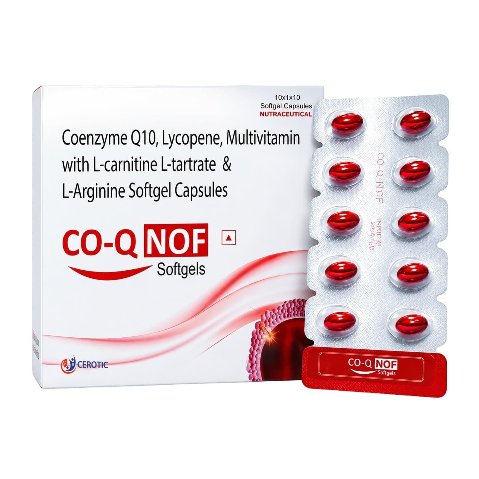 CO-Q NOF Coenzyme Q10 100mg with Selenium 40mcg Softgel Capsules with L-Carnitine, L-Arginine, Lycopene & Multivitamins | Antioxidant for Energy, Fertility, Heart & Cellular Health | 10 Softgels