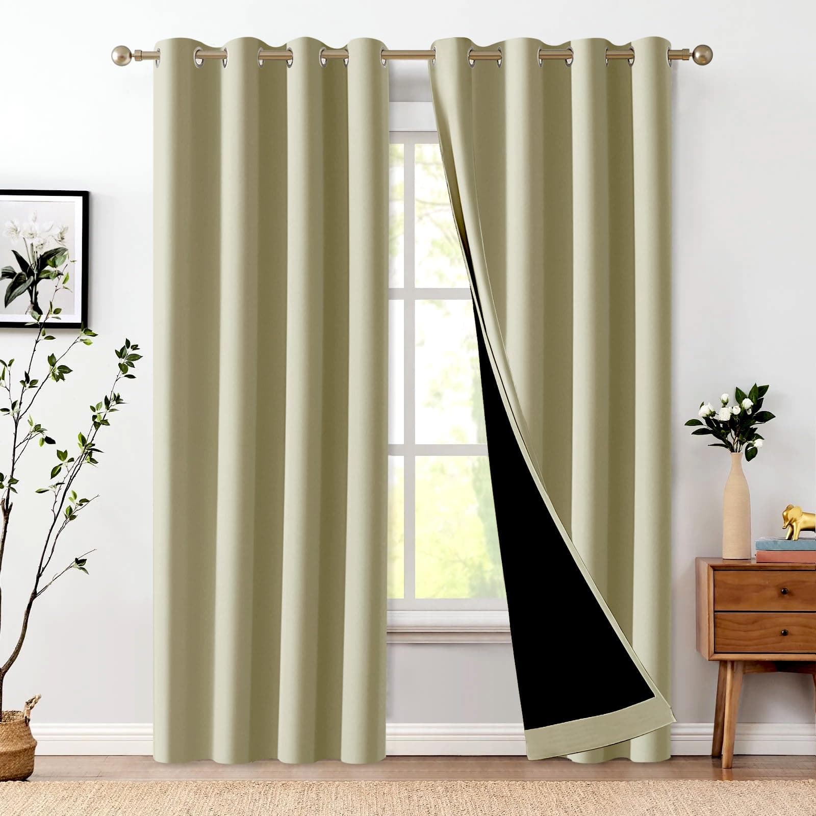 ThinkArtDecor 100% Blackout Door Curtains 7 Feet Long Set of 2 with Tie Backs, Triple Weave Room Darkening Parda with Stainless Steel Grommets for Home Decor (7x4 Feet,Creamy Beige)
