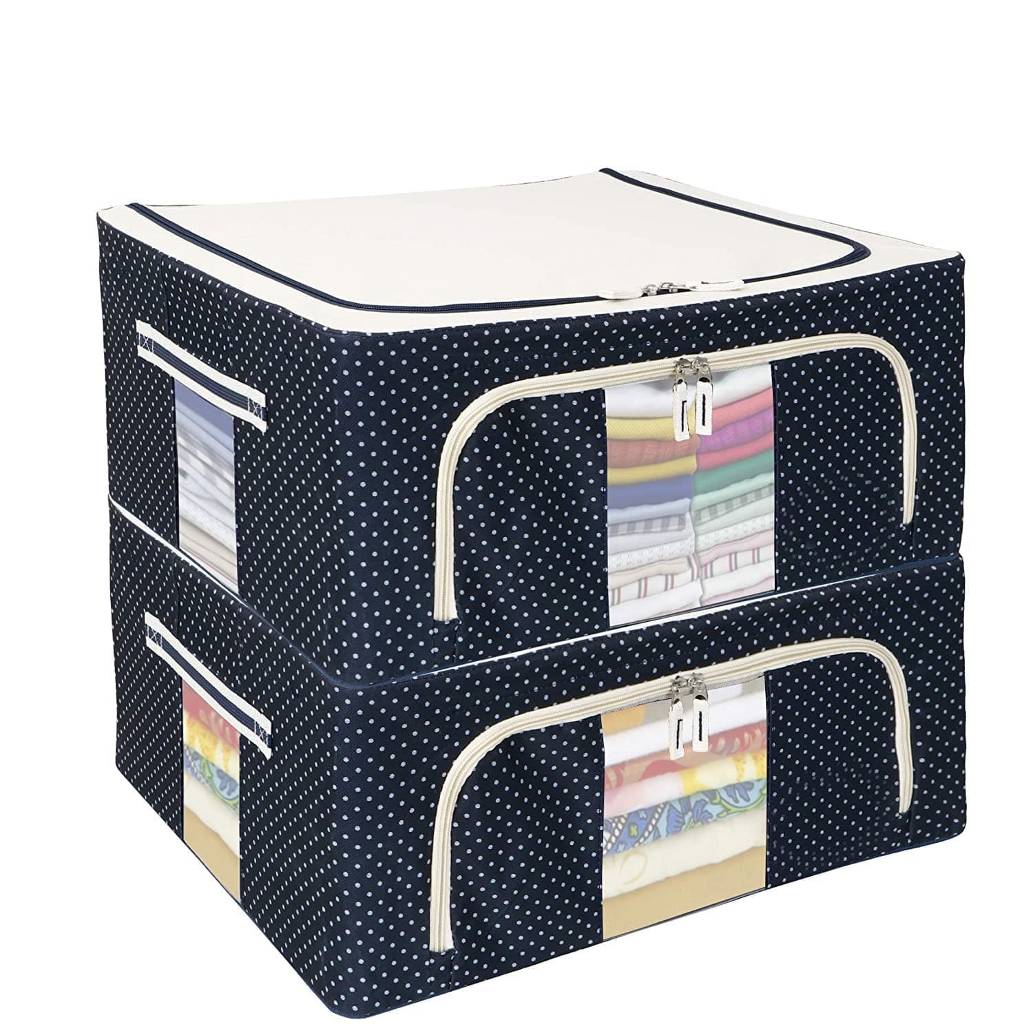 FLYNGO Foldable Steel Frame Clothes Organizer Storage Box For Wardrobe, Saree, Shirts, And Blankets (44 Ltr - Pack Of 2, Oxford Fabric), Blue