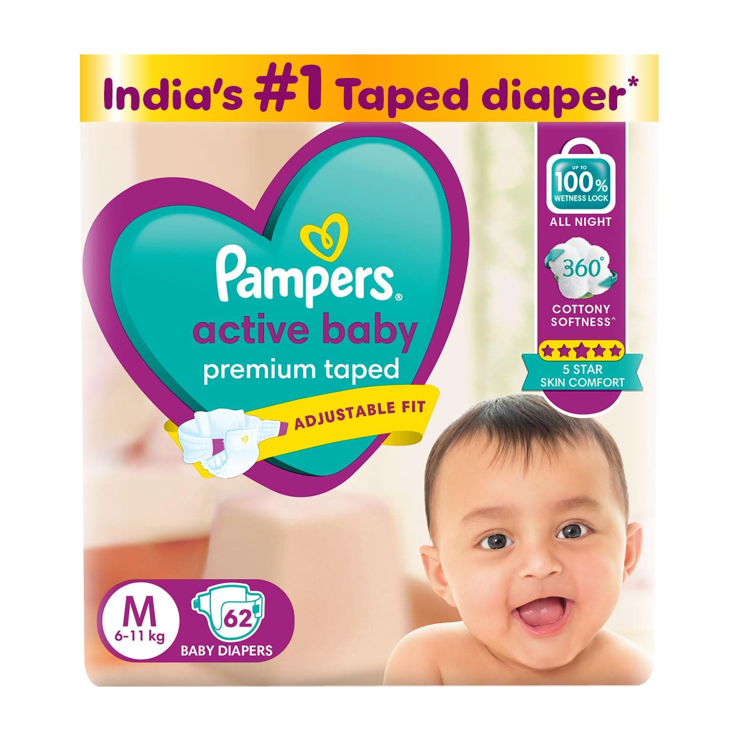 Pampers Active Baby Tape Style Diapers, Medium (M) Size, 62 Count, Adjustable Fit with 5 star skin protection, 6-11kg Diapers