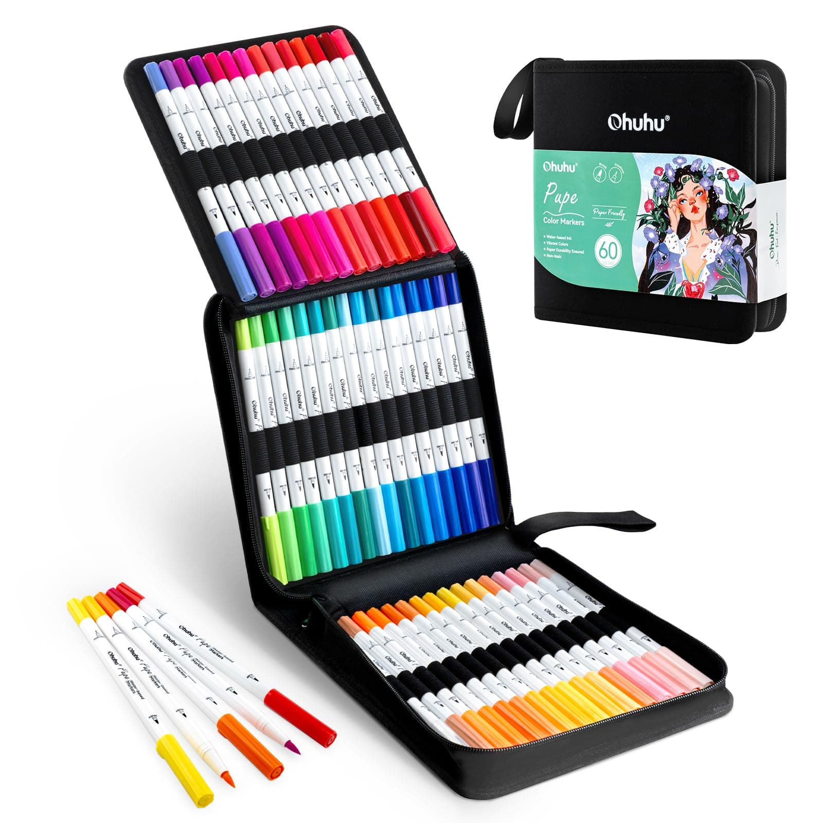 Ohuhu Markers Paper-friendly Water-based 60 Colors Brush&Fine Dual Tips | Marker for Adult Coloring Books No Bleeding Art Markers for Kids Adults Beginner Calligraphy Sketch Journal