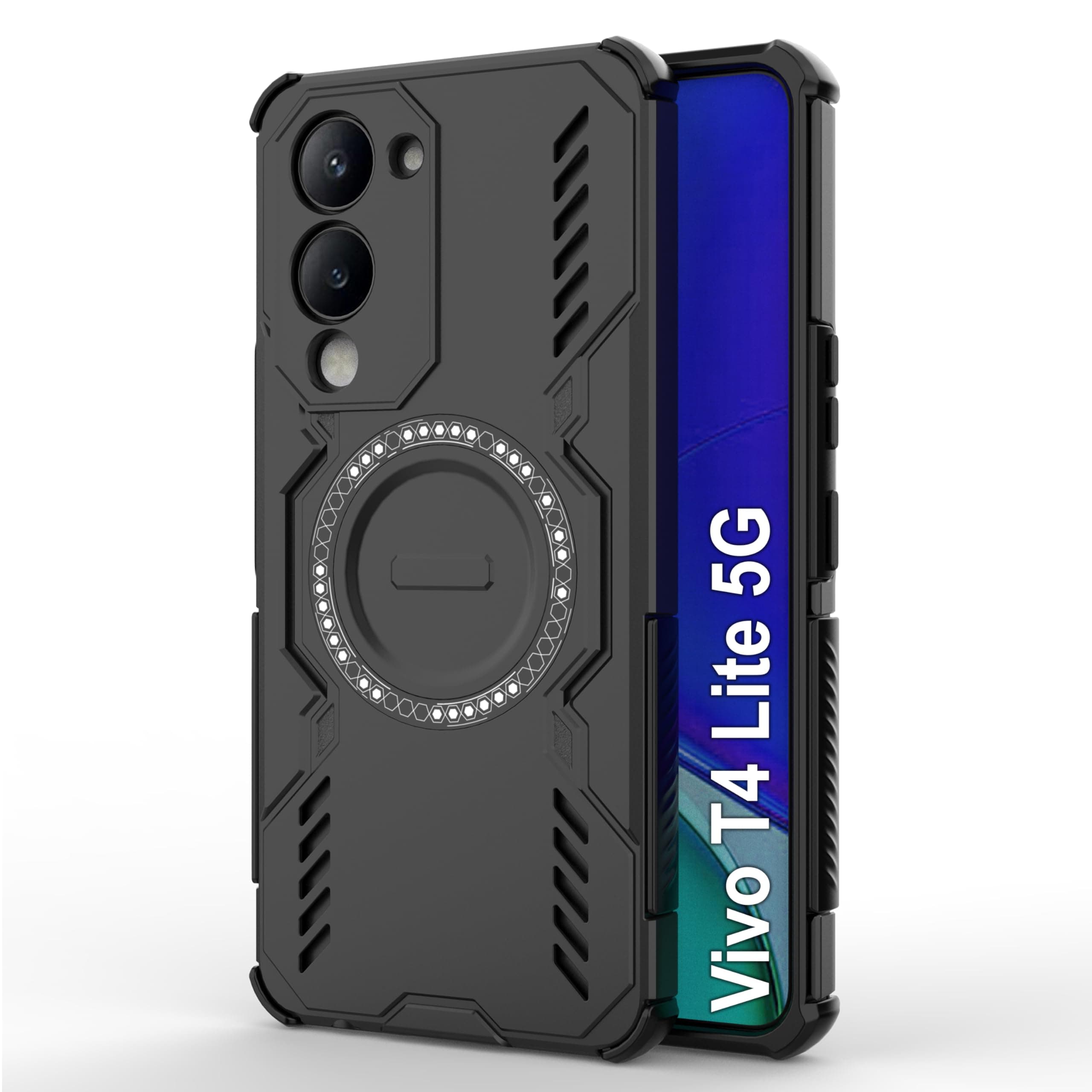 amazon basics Back Case Cover for Vivo T4 Lite 5G | Magnetic Case with Built-in Metal Ring | Supports Mag-Safe Charger, Wallet & Car Mount | Shockproof Hybrid PC + TPU | Black