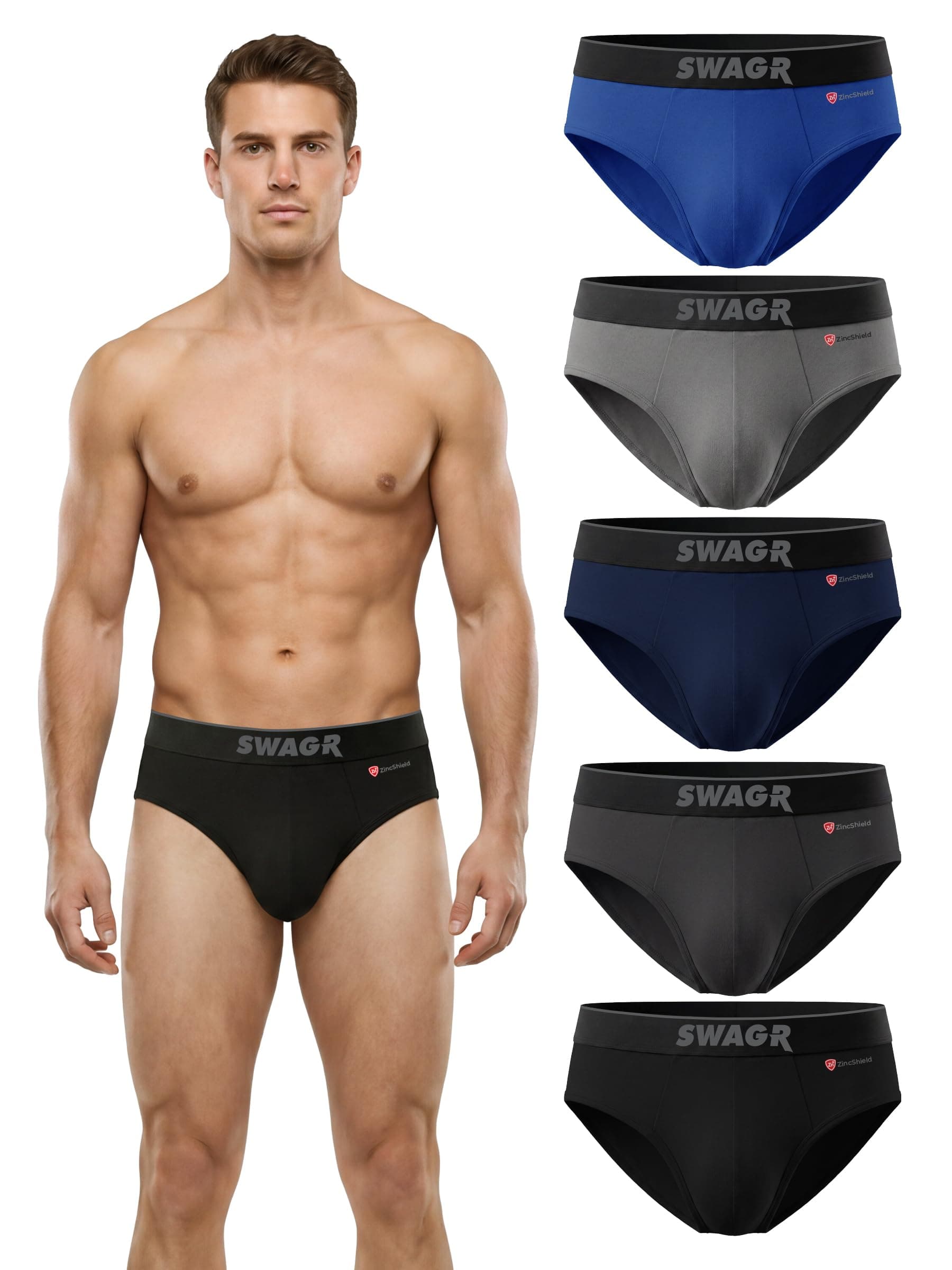 SWAGR 5 Pack Men's Super Combed Cotton Underwear Briefs | Classic TruComfort Fit | Powered by ZincShield Anti-Bacterial Tech | Aerflo Breathability | 4-Way FlexStretch | SOXCO Style SG03