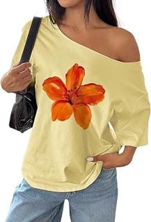 SXV STYLE Women's Off Shoulder Top, Yellow, Orange Floral Print, 3/4 Sleeve, Casual Loose Fit