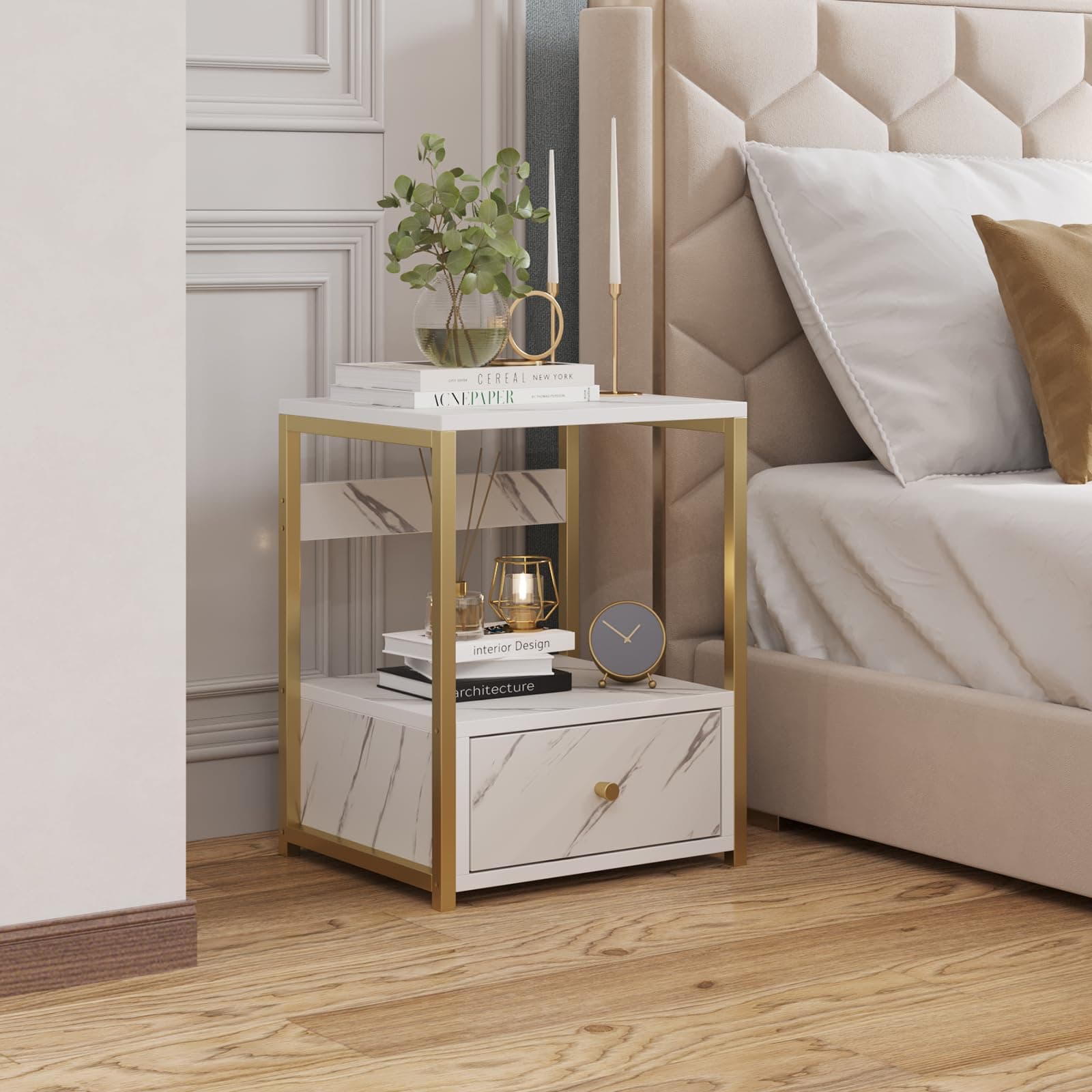 Amazon Brand - Umi Bedside Table with Storage Drawer and Shelf, Side Table, End Table, Modern Nightstand for Living Room and Bedroom, White Marble Texture Design - 45x34x50 cm