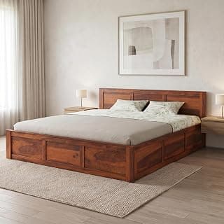 Solid Sheesham Wood King Size Bed with Box Storage for Bedroom Furniture Wooden Palang for Living Room Furniture (Honey Finish)